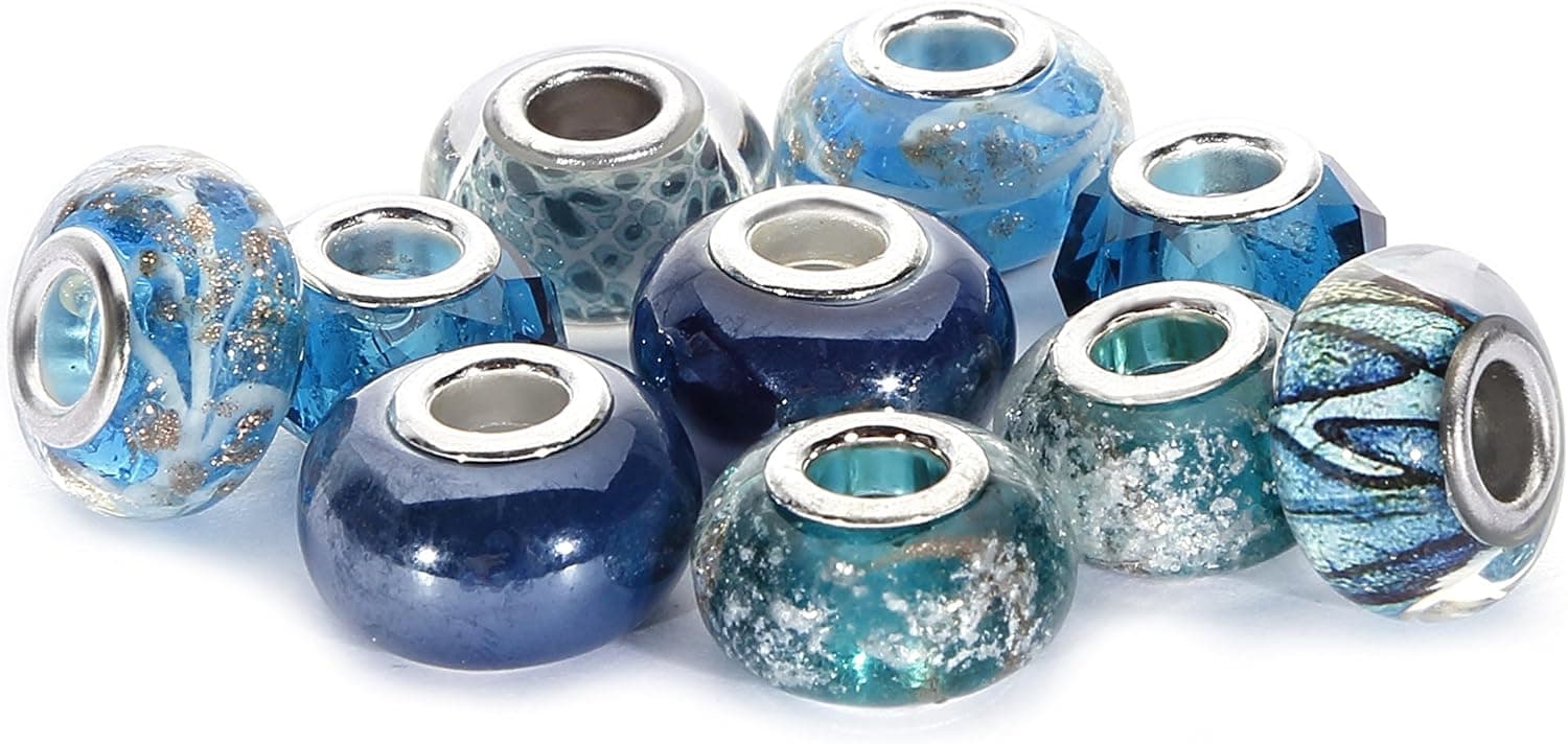 BRCbeads 10Pcs Mix Silver Plate Blue Zircon Theme Murano Lampwork European Glass Crystal Charms Beads Spacers