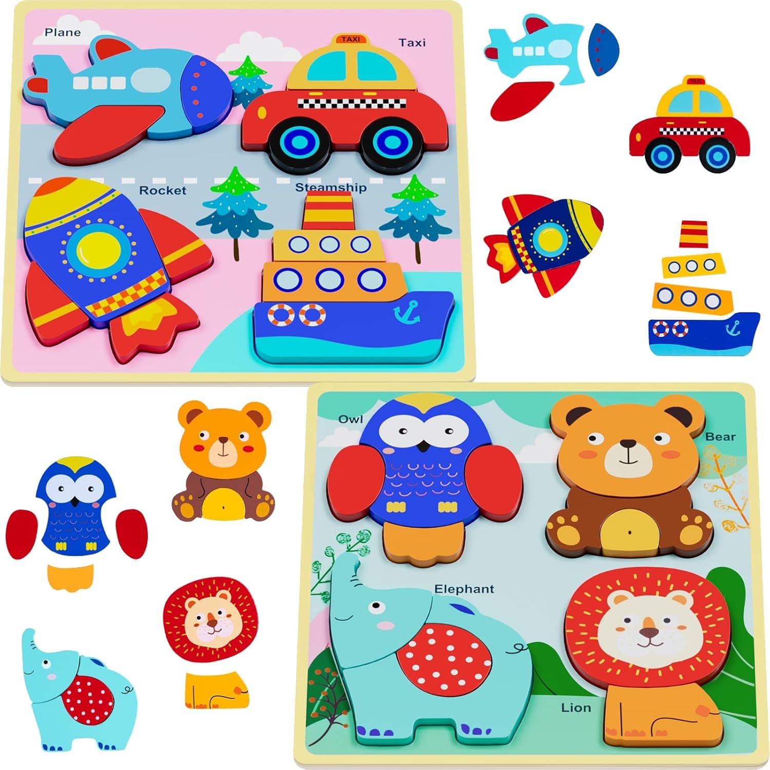 Supdex Toddler Wooden Puzzles Montessori Toys 18 Months to 3+ Year Old, 8 Shape Vehicles, Animals Puzzles for Baby Kids, Educational Learning Toy for Boys and Girls Birthday