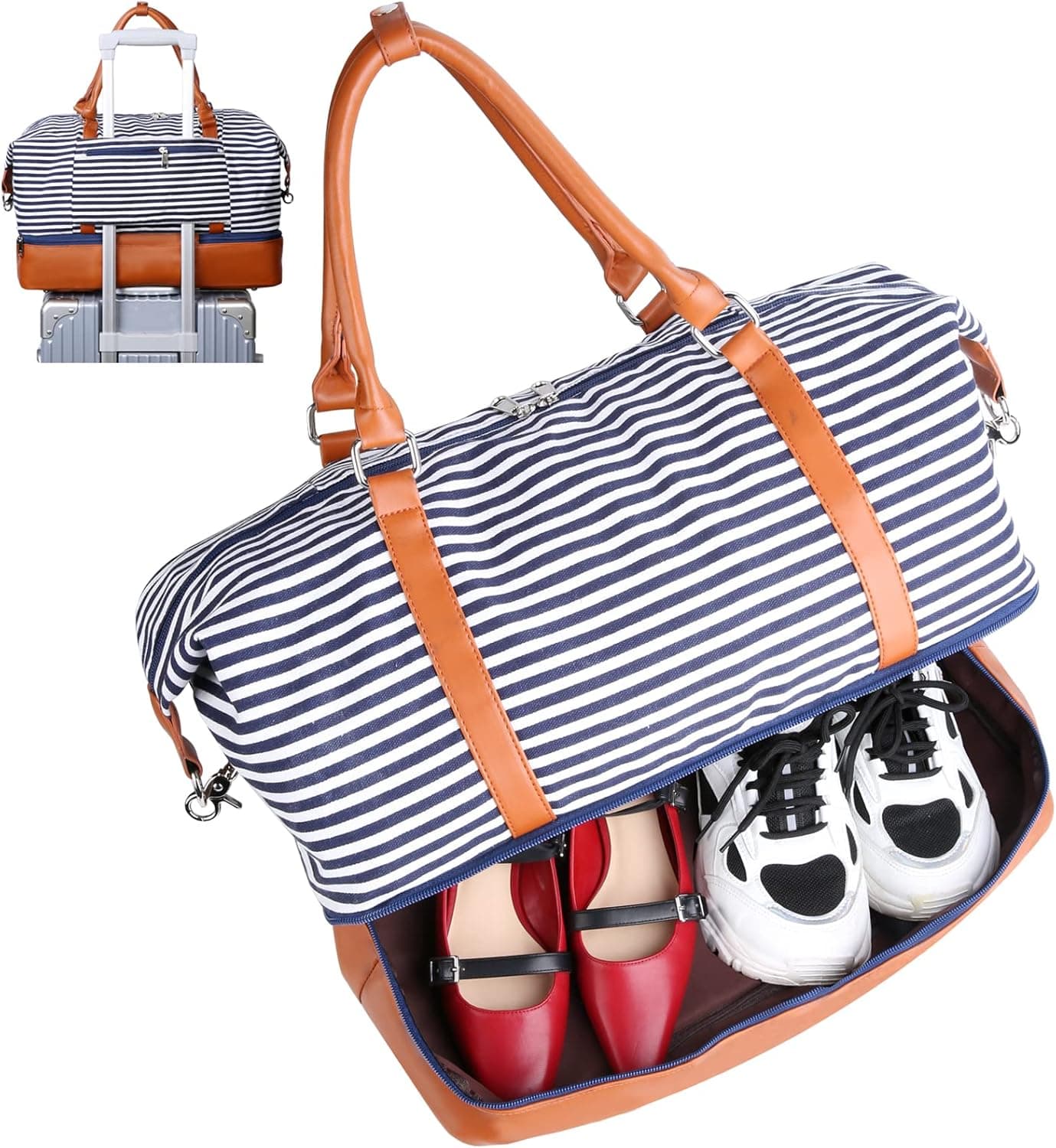 Bodaon Weekender Bag with Shoe Compartment Storage for Women, Duffel Bags for Traveling Extra Large, 39L, Carry on Canvas Duffle Bags for Airplanes, Overnight/Travel Tote Bag (Blue and White Stripe)