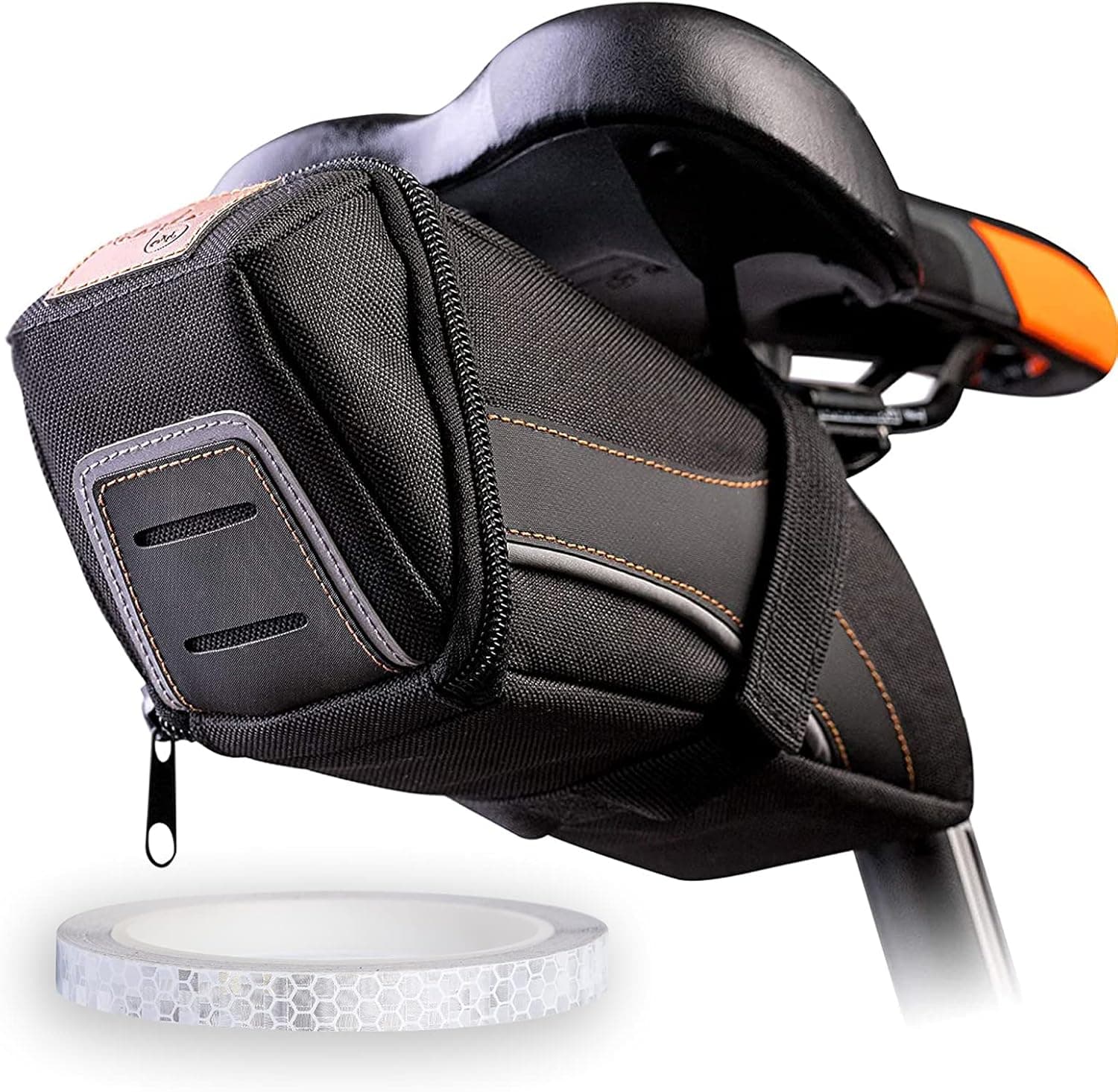 GhidEx Bike Saddle Bag Under Seat with 10 Yard Silver Wheel Reflective Tape for Bikes, Durable Black Bike Pouch Under Seat for Bicycle Accessories, Bicycle seat Bag Capacity 1.15 Liter.