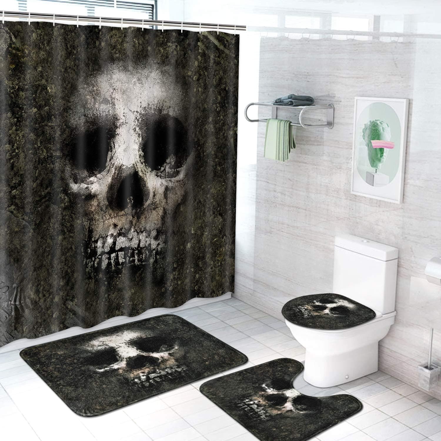 Ikfashoni 4Pcs Halloween Shower Curtain Set with Non-Slip Rugs, Toilet Lid Cover and Bath Mat, Horror Skull Shower Curtain with 12 Hooks, Skeleton Fabric Shower Curtain for Bathroom, Waterproof