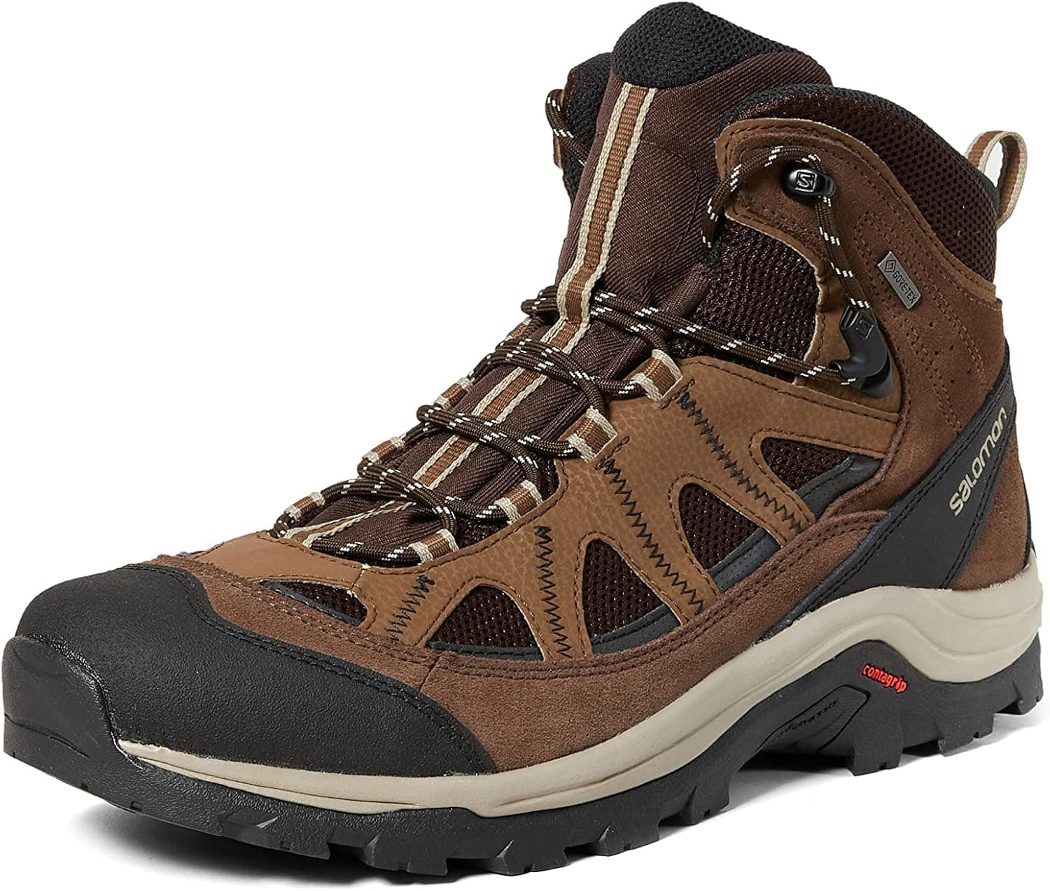 Salomon Men's Authentic Leather & GORE-TEX Backpacking Boots, Black Coffee/Chocolate Brown/Vintage Kaki, 8 M US