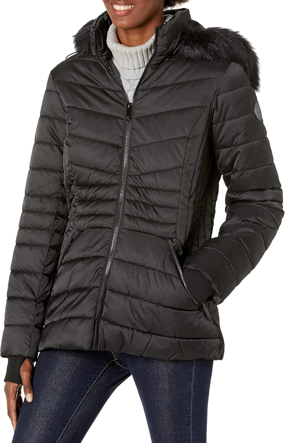 HFX Women's Short Puffer Jacket with Faux Fur Trimmed Hood and Cinched Waist, Water Resistant