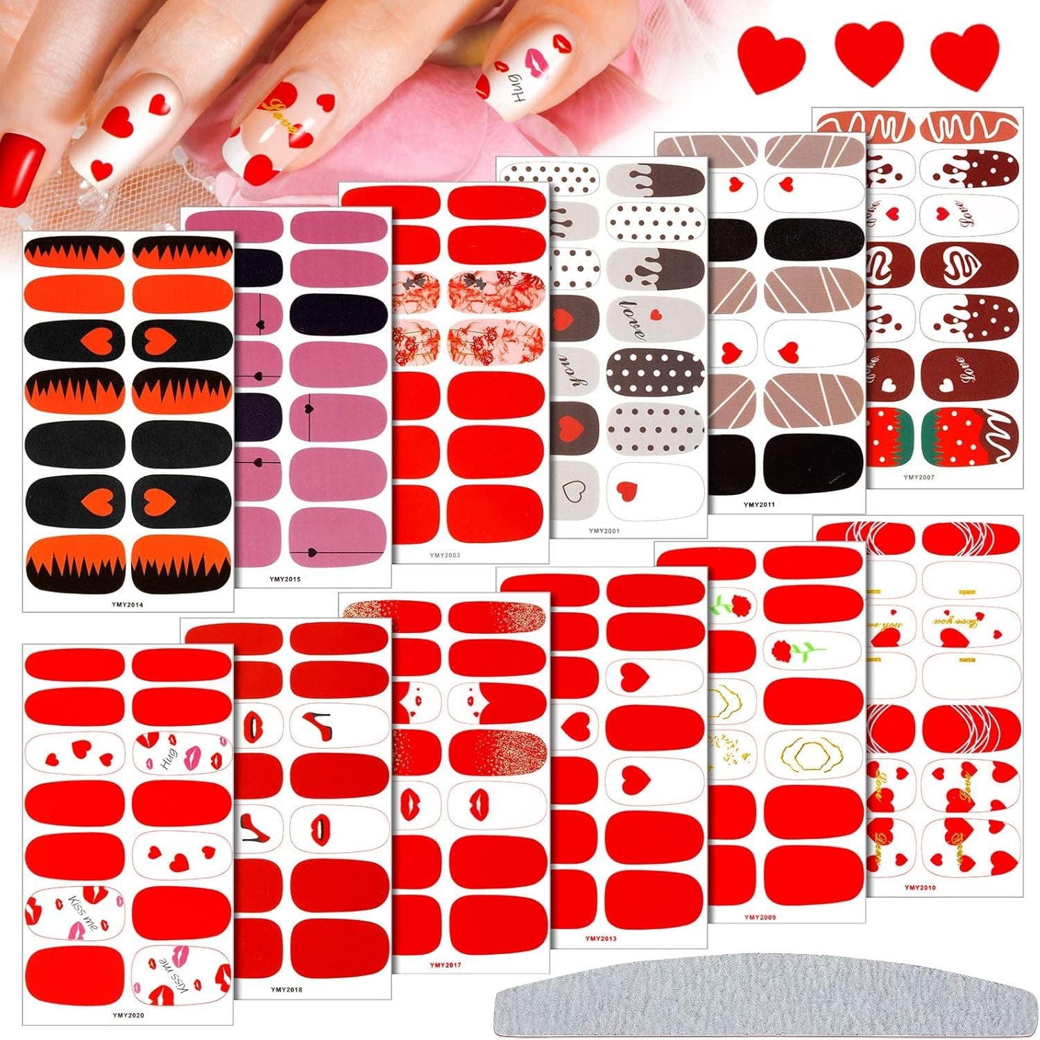 168 Pieces 12 Sheets Valentine's Day Nail Polish Sticker Self-Adhesive Nail Wrap Christmas Nail Wrap Sticker Glitter Nail Strip Decal Nail Polish Strip with Nail File for Women Girls Nail Art