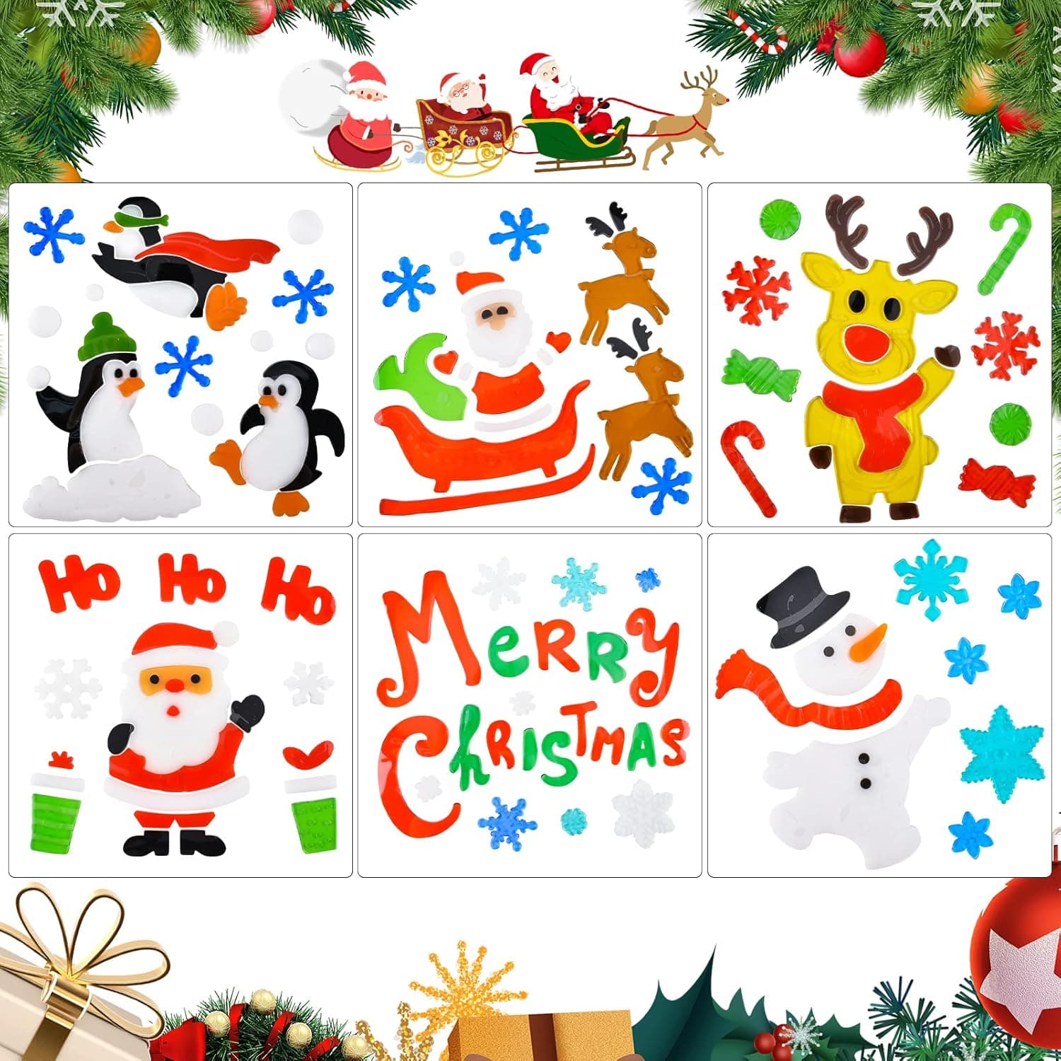 Christmas Stickers Window Clings for Kids, Gel Window Stickers Christmas Decorations Snowflake Santa Claus Reindeer Decals for Glass Refrigerator Holiday Party Xmas Window Decor Gifts - 6 Sheets