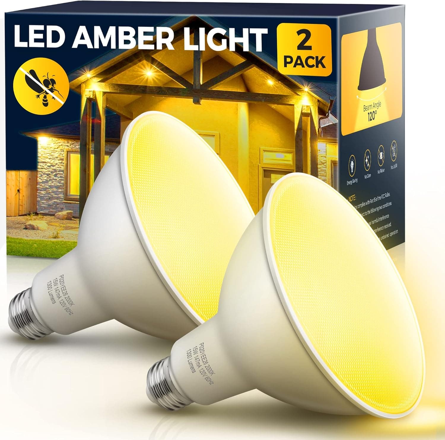 Bug Light Bulbs, Bug Lights for Outside, Par38 Yellow LED Flood Light Outside, 150-200W Equivalent 2000K Non-Attracting, 15W 1300LM Dimmable E26 Base for Patio, Deck, Backyard, Party, 2 Pack
