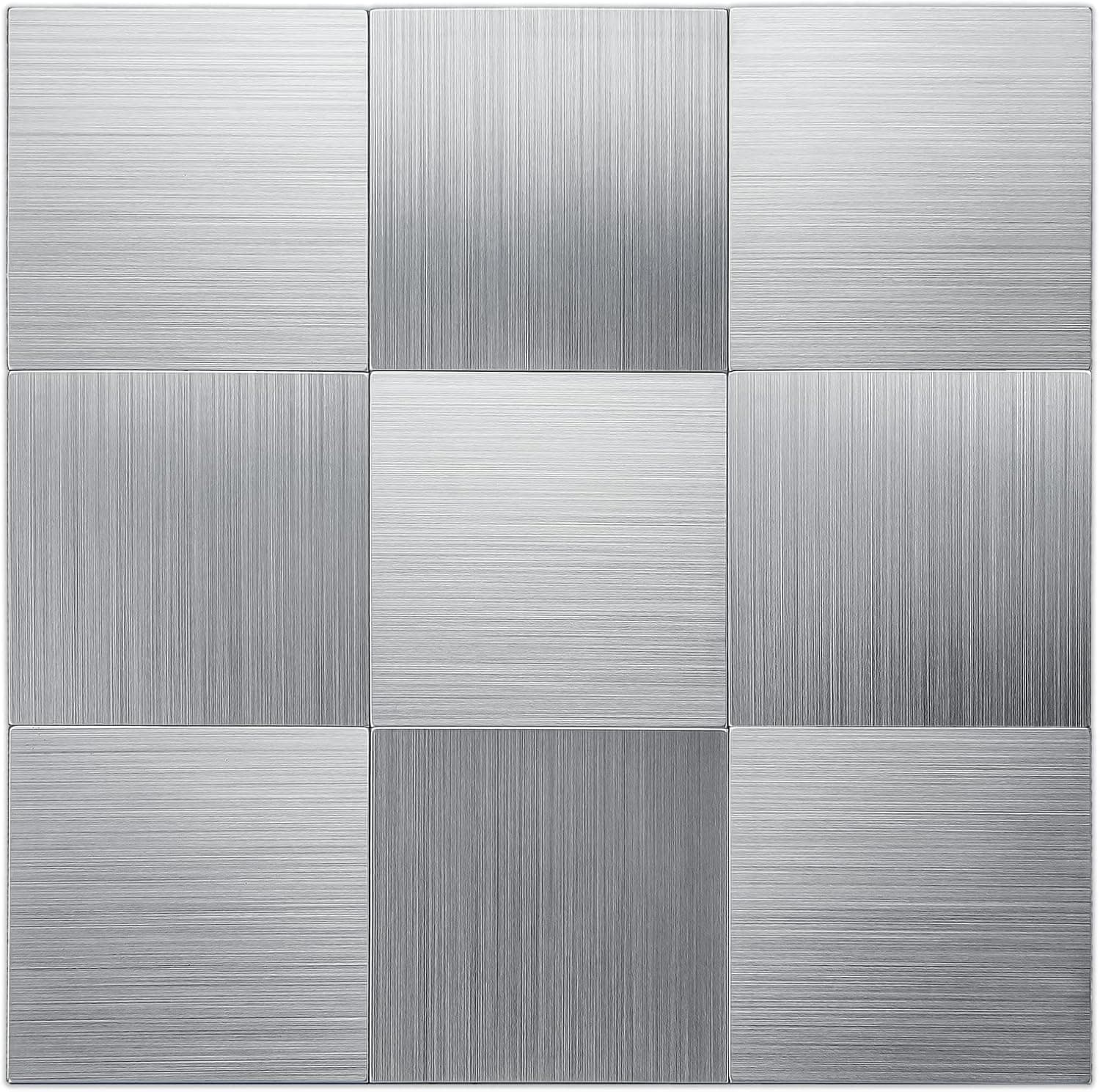 LK 10pcs Premium Self-Adhesive Metal Tiles - Peel and Stick Backsplash Tiles for Kitchen, 12"x12", Silver