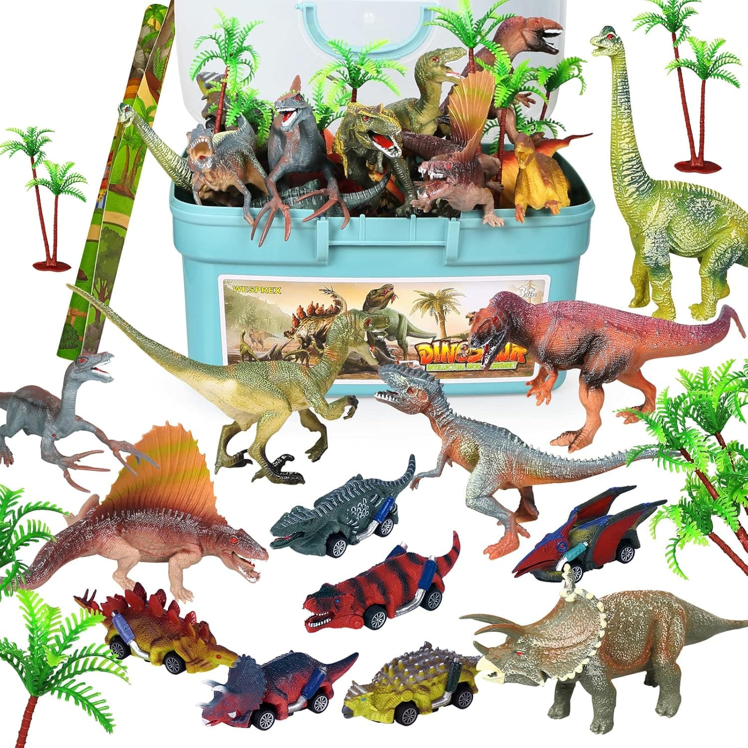 WESPREX Dinosaur Toy Set for Kids with 12 Pcs Dinosaur Figures, 6 Pcs Pull Back Dinosaur Cars, Activity Play Mat – Birthday, Holiday, Christmas Xmas Gift for Boys & Girls 3+