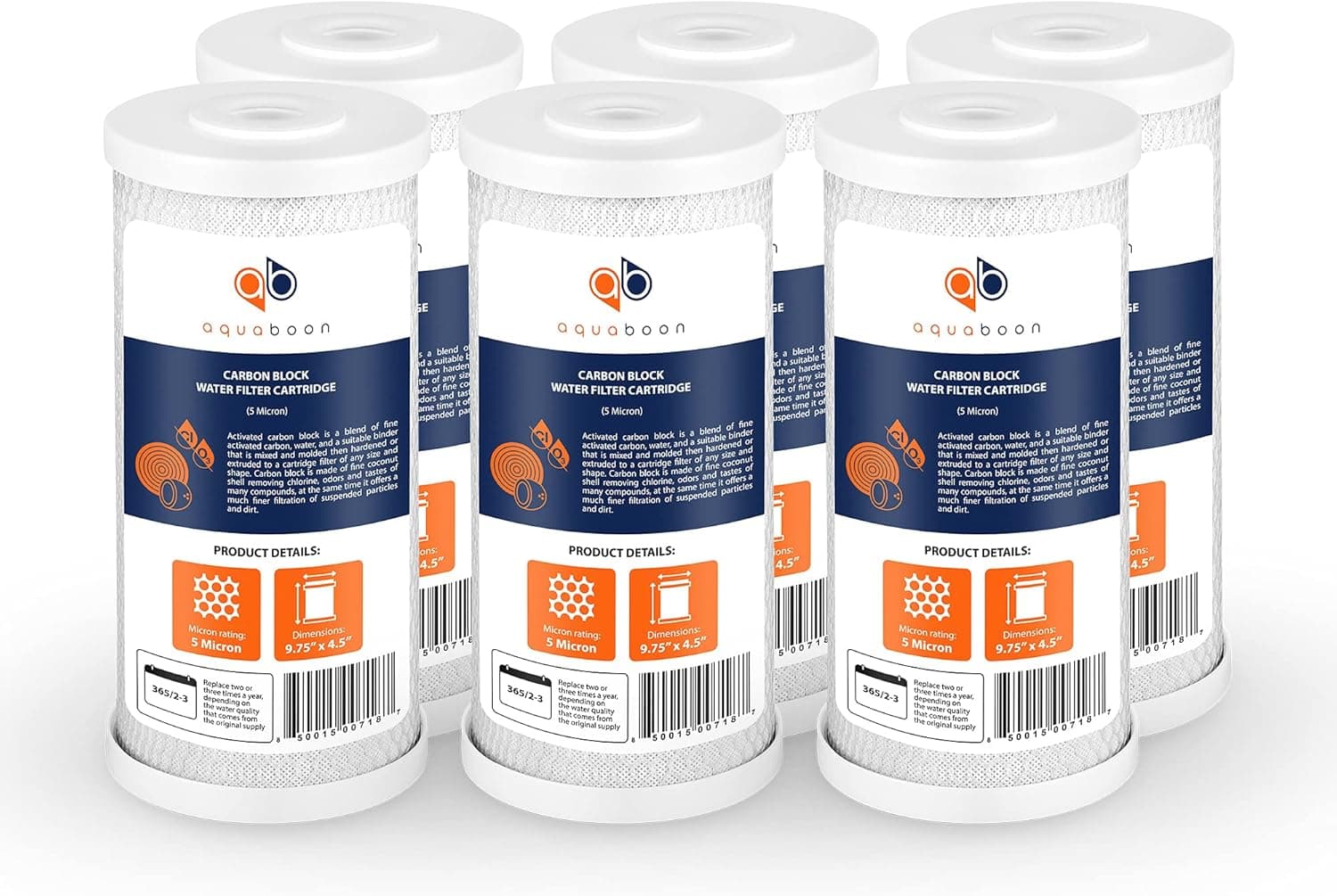 Aquaboon Coconut Shell Water Filter Cartridge | Activated Carbon Block CTO | Universal Whole House 5 Micron 10 inch Cartridge | Compatible with WFHDC8001, CB-BB-10, EPM, EP-BB 6-PACK