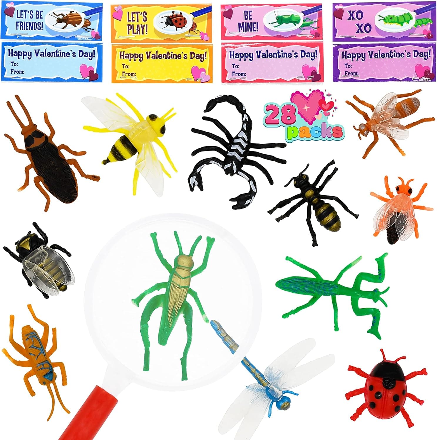 JOYIN 28 Packs Valentines Day Insect Bugs Figures Toys with Magnifiers and Valentine Greeting Cards for Kids Party Favors, Classroom Exchange Prizes, Valentine’s Gifts for Boys and Girls