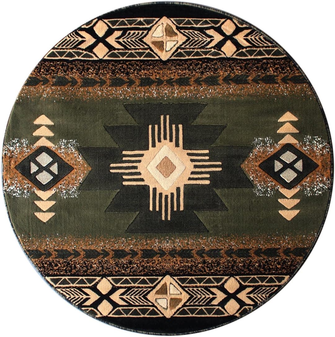 South West Native American Round Area Rug 5 Feet X 5 Feet Green C318