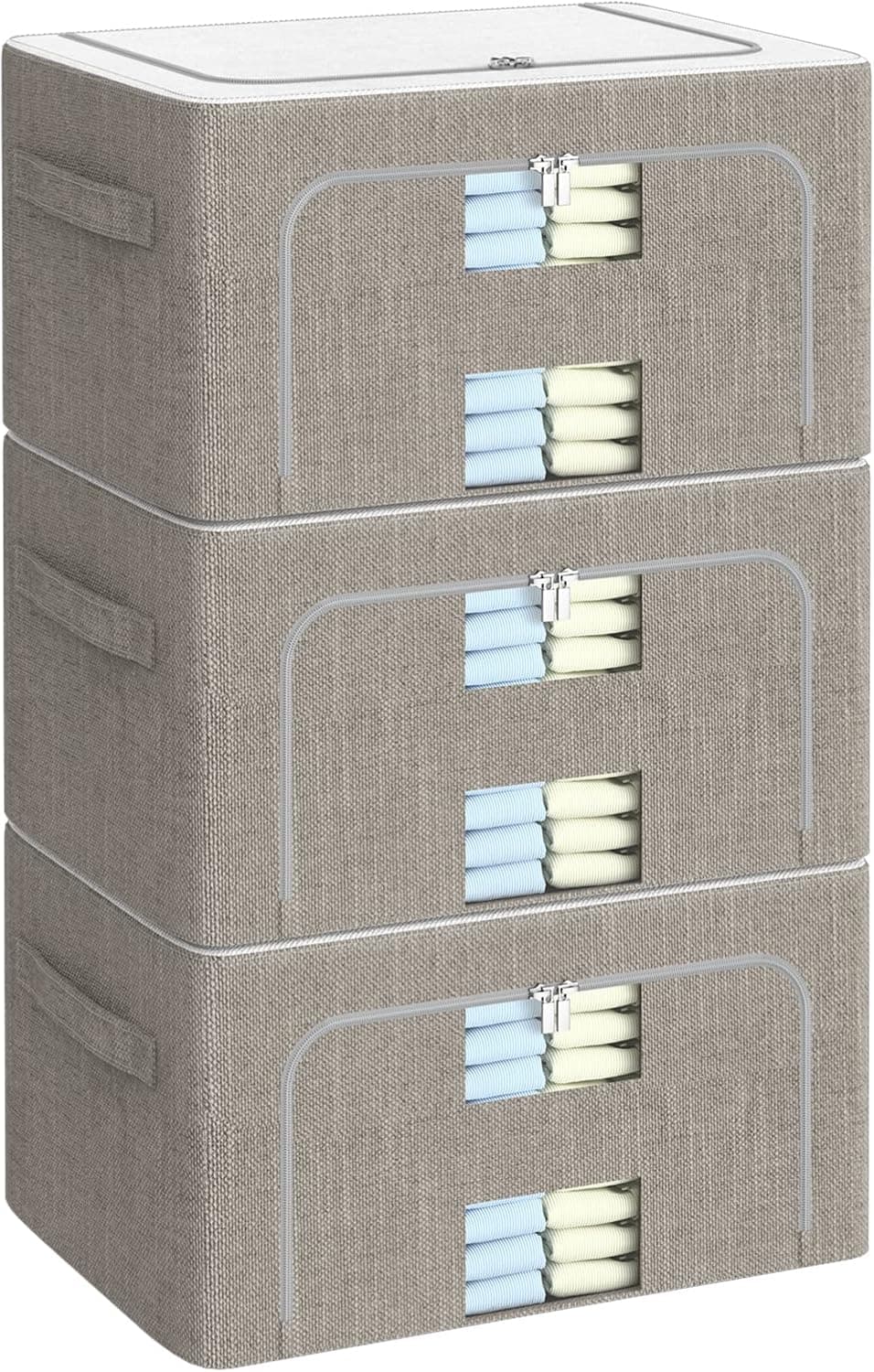 3 Pack Clothes Storage Organizer Bins Containers -Stackable Metal Frame Storage Bins Foldable Oxford Cloth Box for Clothing Storage with Clear Window & Reinforced Handles