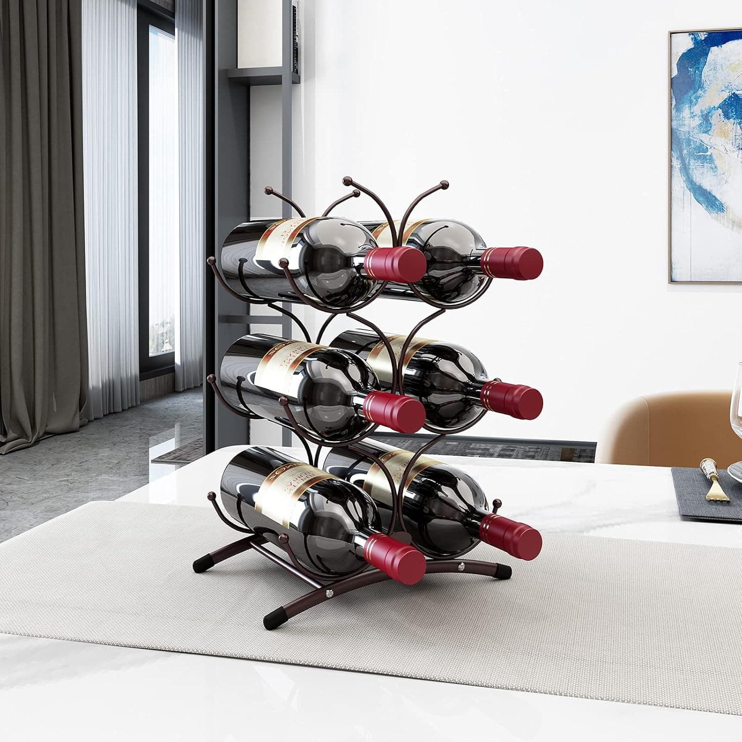BENOSS Countertop Wine Bottle Rack, Hold 6 Bottles, 3-Tier Tabletop Wine Holder, Simple Assembly, Perfect for Home Decoration & Kitchen Storage, Metal