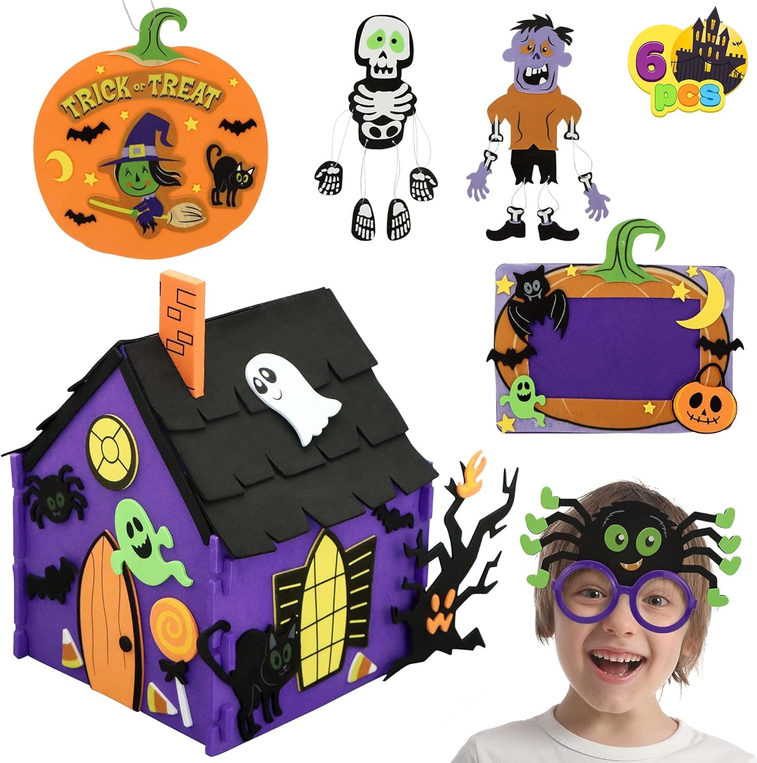 JOYIN Halloween Foam Craft Kit for Kids with 3D Haunted House, Halloween Photo Frame, 2 Halloween Characters Decor, Glasses and Trick or Treat Door Sign Hanger, Arts and Crafts, Halloween Party Favors