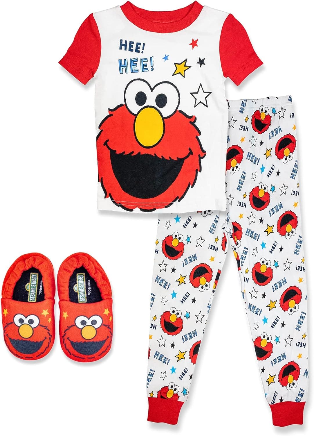Sesame Street Elmo Toddler,2 Piece Pajama Set,with Matching Toddler Elmo Slippers, 100% Cotton, Red