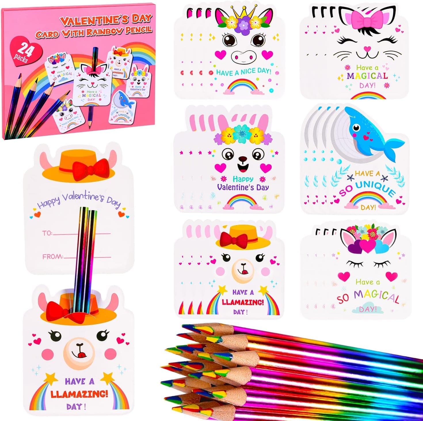 digi marker valentines cards for kids classroom- 24 Packs Rainbow Pencils with Animal Cards kits Valentine Party Favors for Boys Girls, Kids Exchange Cards for School valentines day gifts