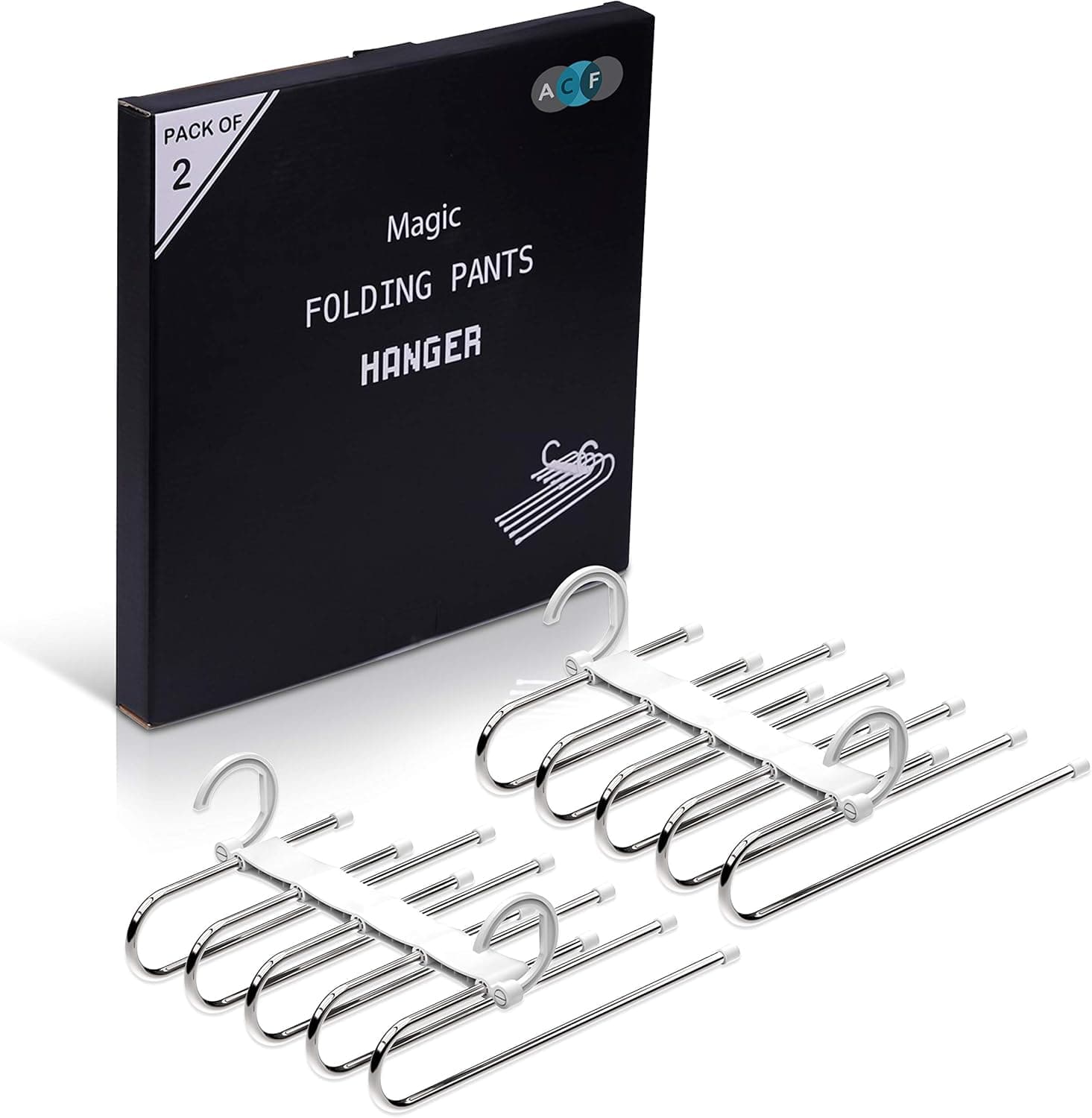 Space Saving Multi-Functional Pants Hangers| 5-Layered Non-Slip Clothes Closet Organizer| Folding Stainless-Steel Storage Magic Rack for Scarf Jeans Trousers (White, 2PCS)