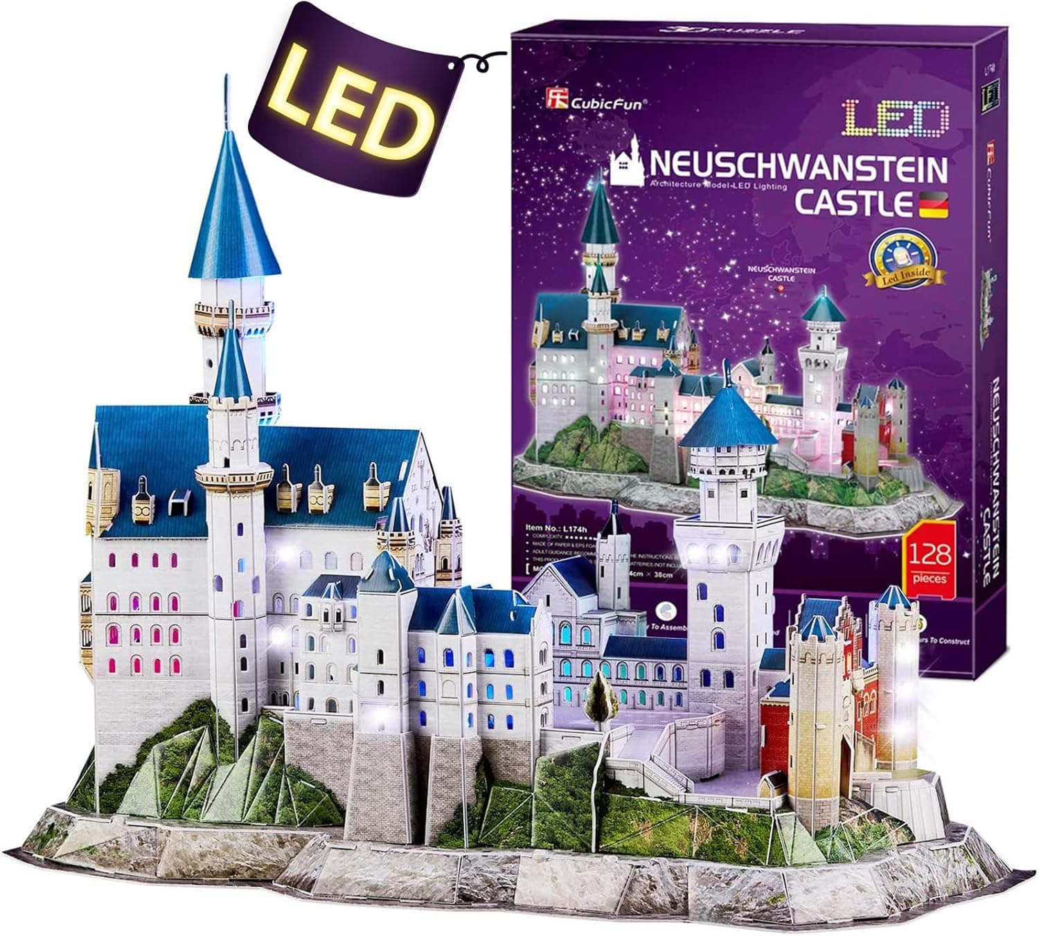CubicFun 3D LED Castle Puzzles for Adults and Kids, Germany Architectures Building Model Kits Toys Gifts for Women and Men, Multi-Color Lights Neuschwanstein Castle 128 Pieces