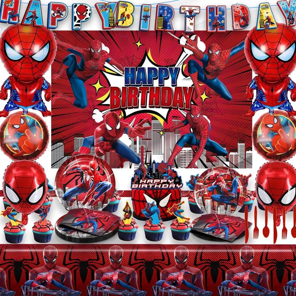 Spider Birthday Decorations, Superhero Spider Party Supplis include Backdrop, Foil Balloons, Tablecloth, Plates, Napkins, Cake Toppers, Spider Birthday Party Supplies for Kids
