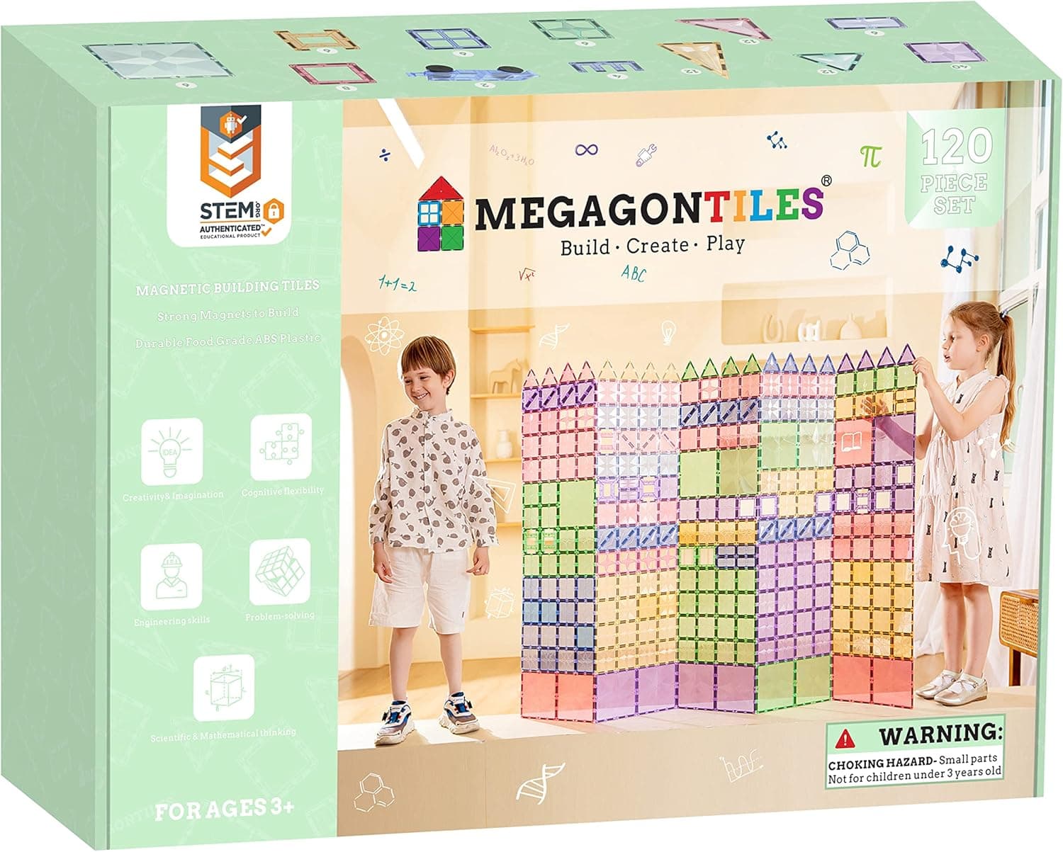 MEGAGONTILES 120PCS Magnetic Tiles | STEM AUTHENTICATED |Magnetic Blocks | Star Magnetic Tiles | Magnetic Building Blocks| Toddler Boys Girls 3-10 Year Old | Idea Books & Storage Bag