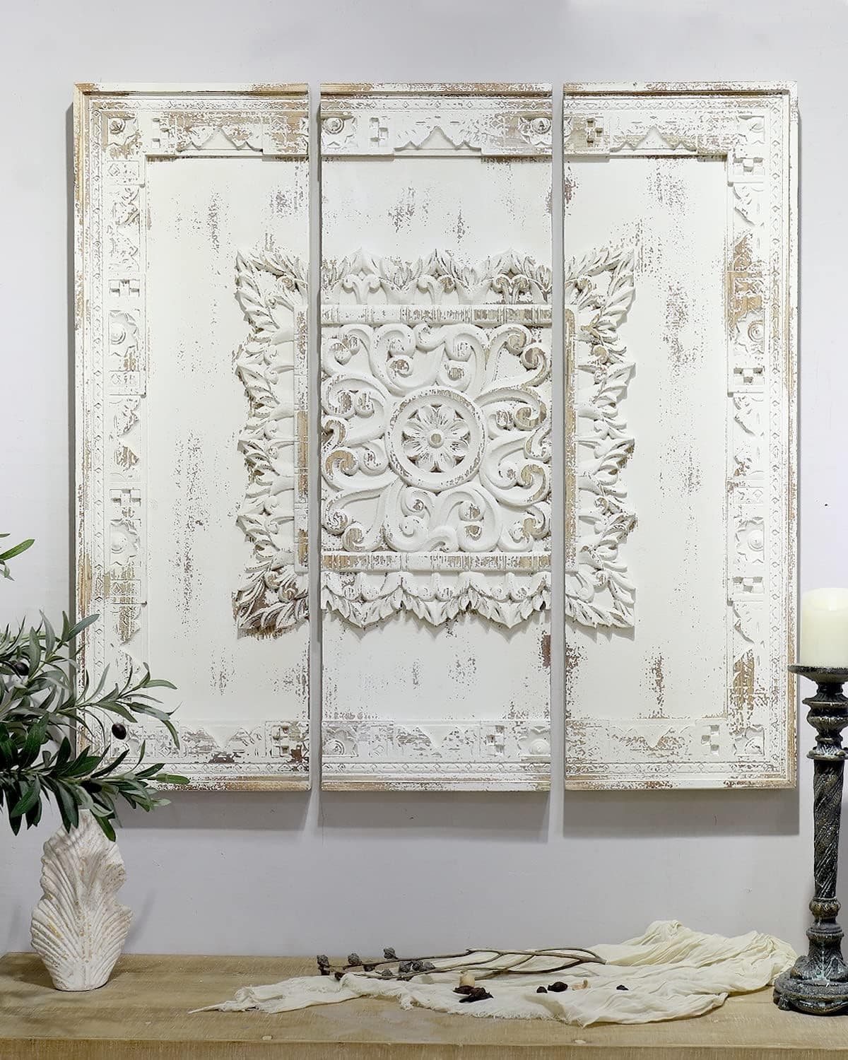 CASOLLY Carved Wood Wall Decor,Floral-Patterned Wooden Panels (Set of 3),Decorative Carved Wall Sculpture,39"x36"x1",for Living Room Bedroom Entrance