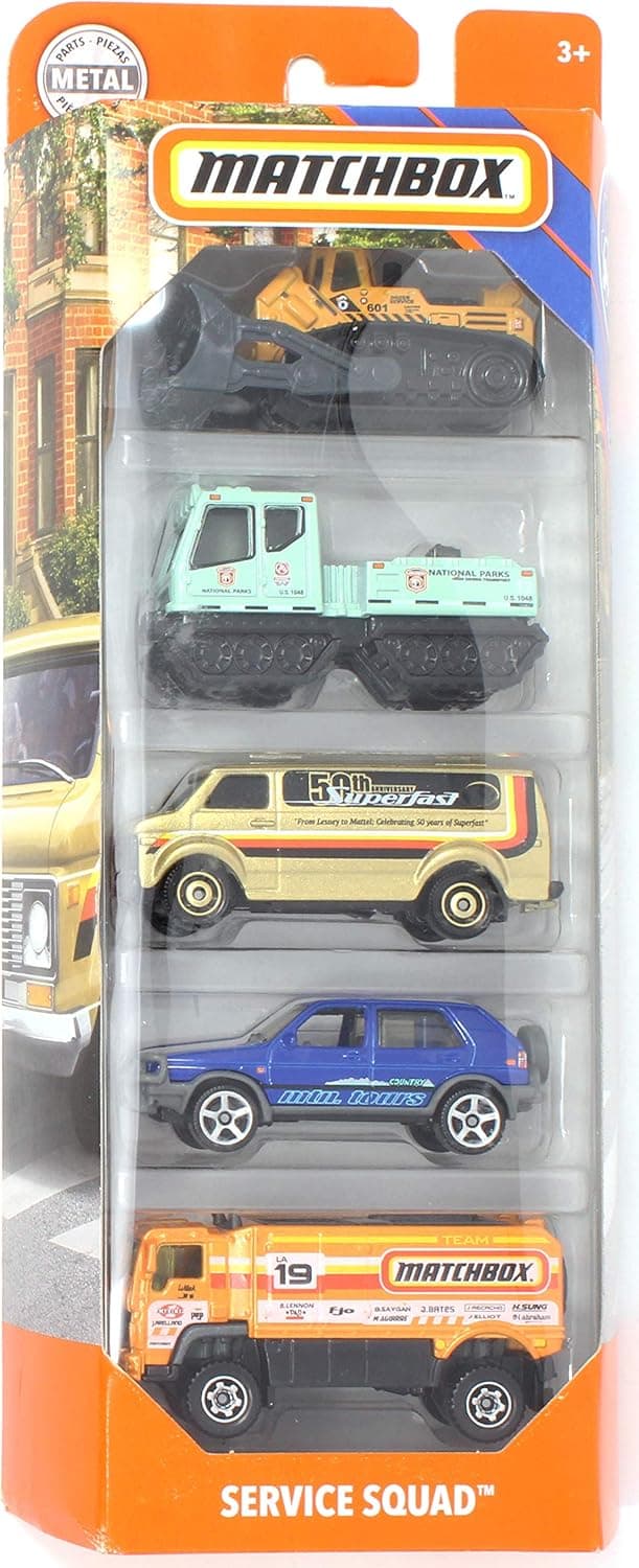 Matchbox 2019 MBX Service Squad 5-Pack (Bulldozer, Hail Cat, Chevy Van, 1990 Volkswagen Golf Country, Desert Thunder V16)
