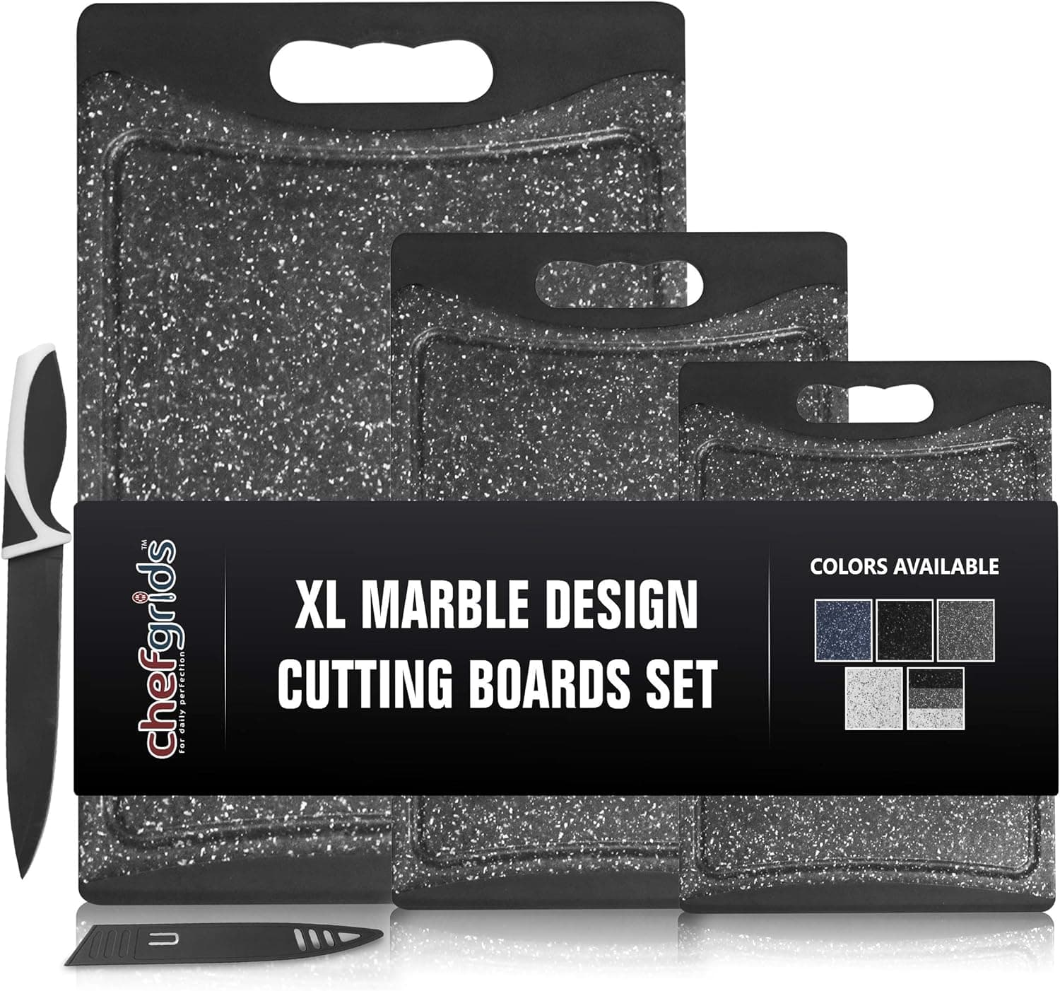 CHEF GRIDS Durable Plastic XL Marble Cutting Board Set, Chopping Board Thick Plastic, for Vegetable Meat or Cheese With Non-Slip Grip| Dishwasher Safe (3-pc Set, Multi) (Charcoal)