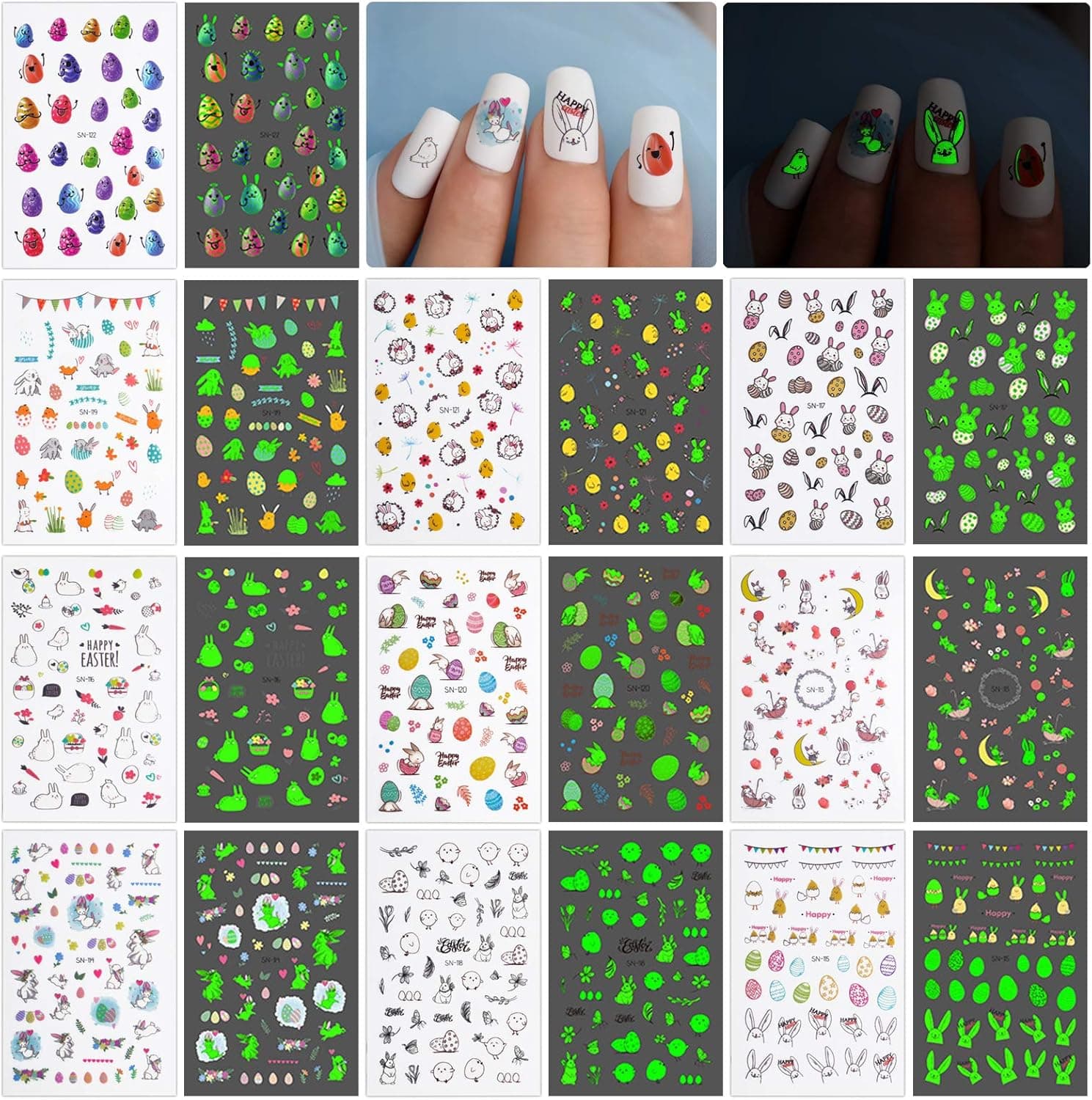 EBANKU 10 Sheets Luminous Easter Nail Art Stickers, 3D Design Self-adhesive Easter Funny Bunny Eggs Chick Stickers DIY Nail Art for Women Kids Party Nail Decorations