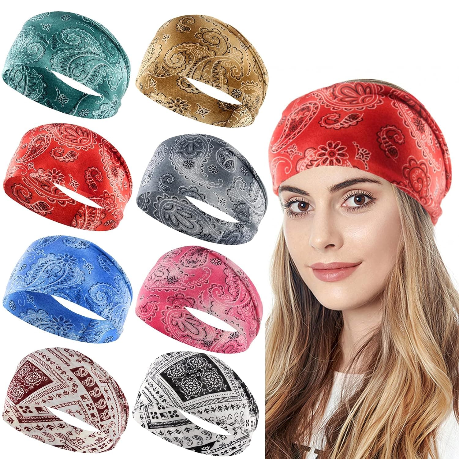 Carede Paisley Bandana Headbands for Women Wide Boho Headbands Elastic Hair Bands Running Sport Non Slip Sweat Head wraps,Pack of 8