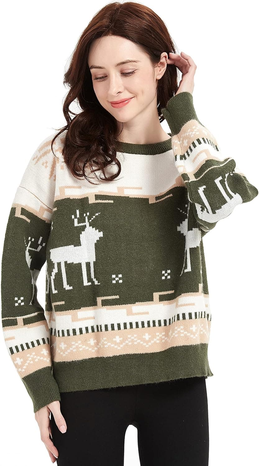 Oshlen Family Ugly Christmas Reindeer Snowflakes Sweater Pullover for Women