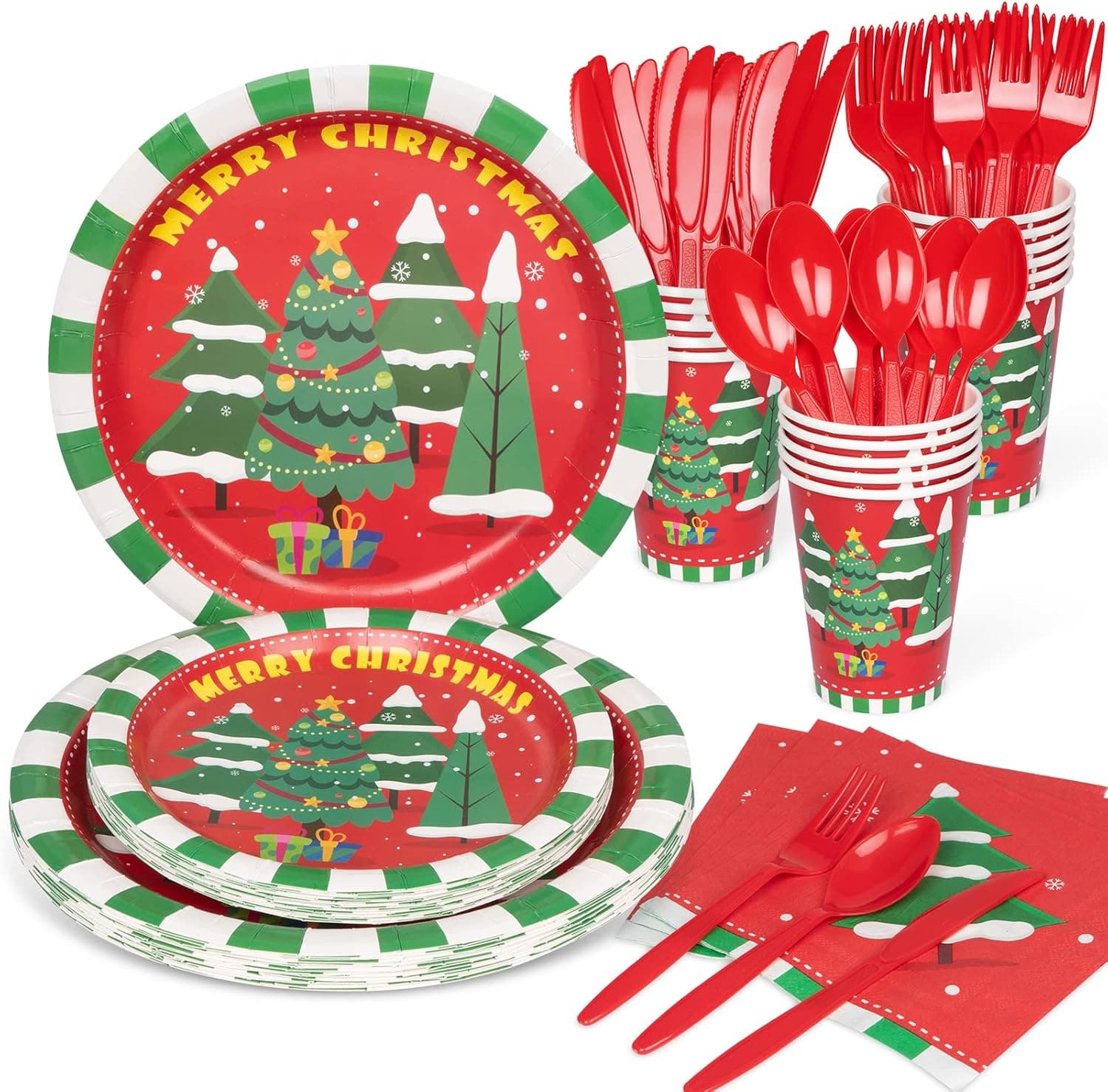 Decorlife Christmas Paper Plates and Napkins Serves 16, Large 10.25" Christmas Plates, 12oz Party Cups, Napkins, Cutlery Included for Xmas Party, Total 112PCS