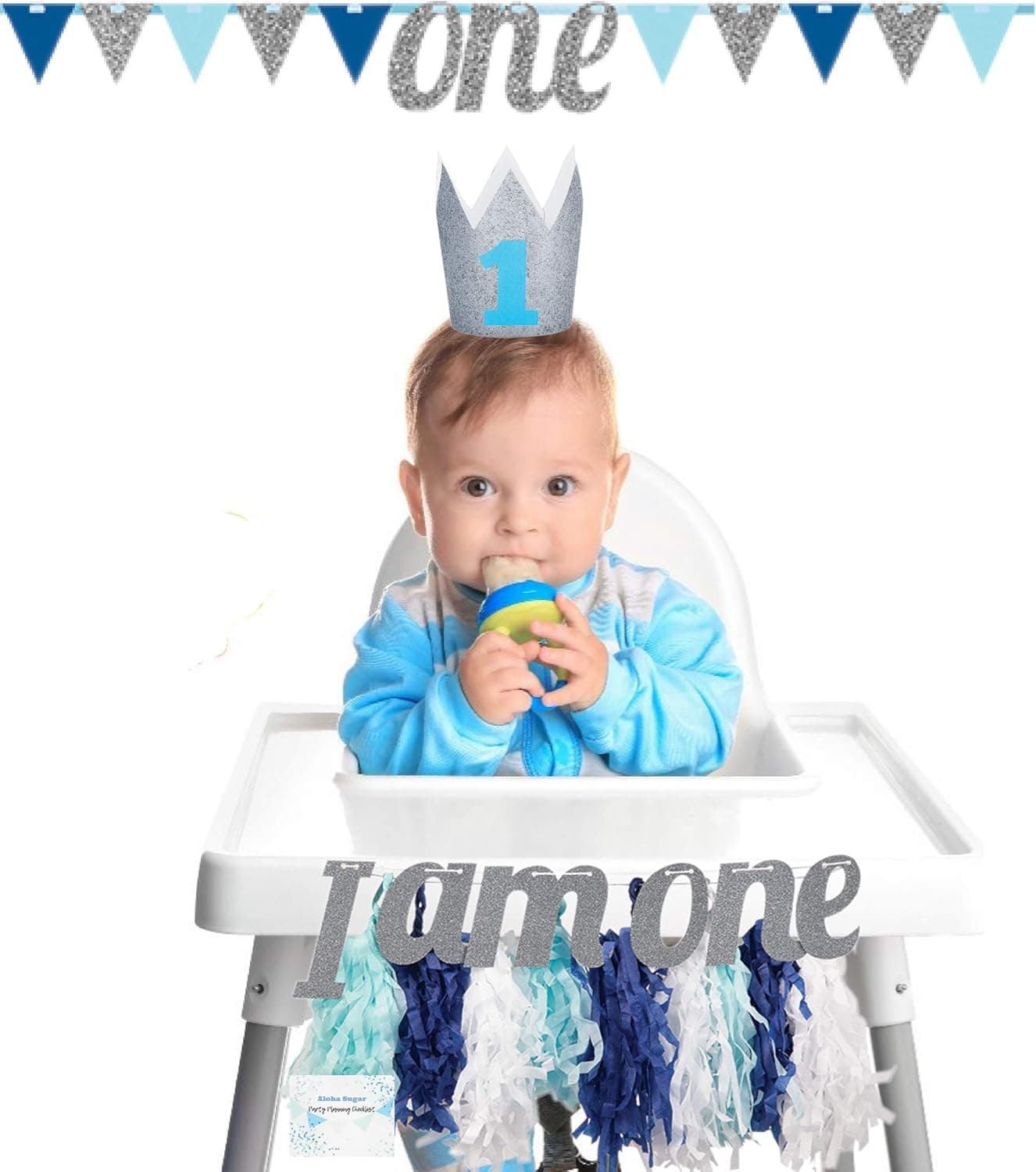 1st Birthday High Chair Decorations Baby Boy - High Chair Banner, Crown and One Banner - Perfect First Birthday Party Supplies Decorations Pack!