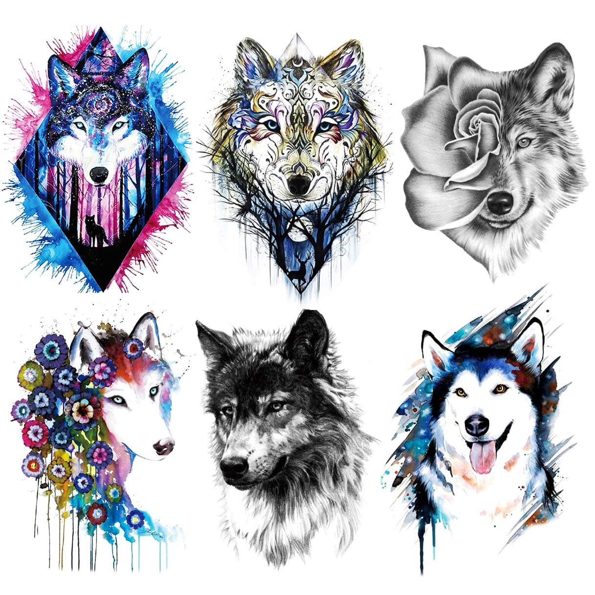 Fake Wolf Arm Tattoos, 6-Sheet Large Black Henna Wolf Half Arm Sleeve Temporary Tattoo Stickers for Adults Men Women Girls Kids Halloween Parties Makeup