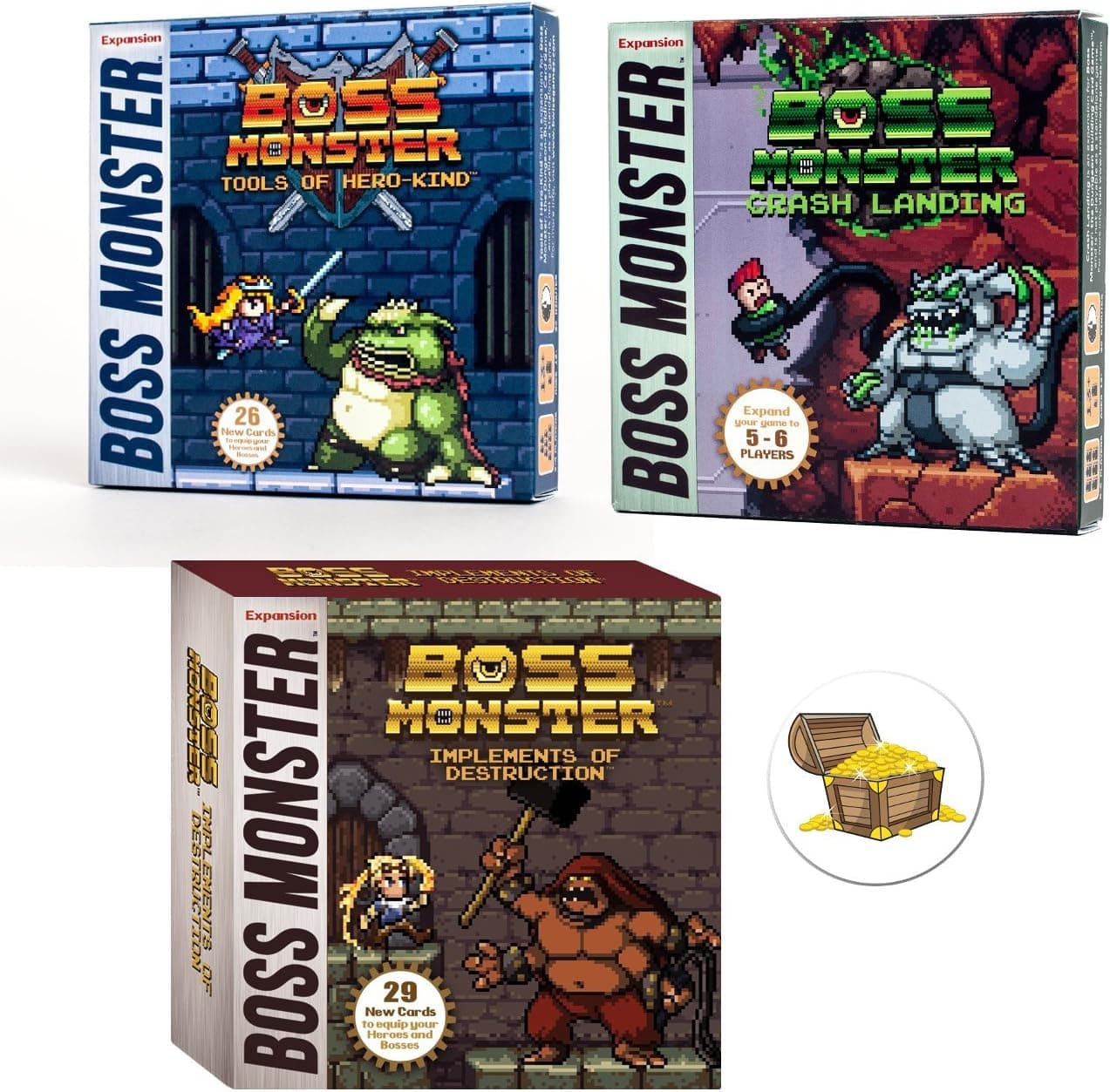 Boss Monster Card Game Expansions Bundle with Implements of Destruction and Crash Landing and Tools