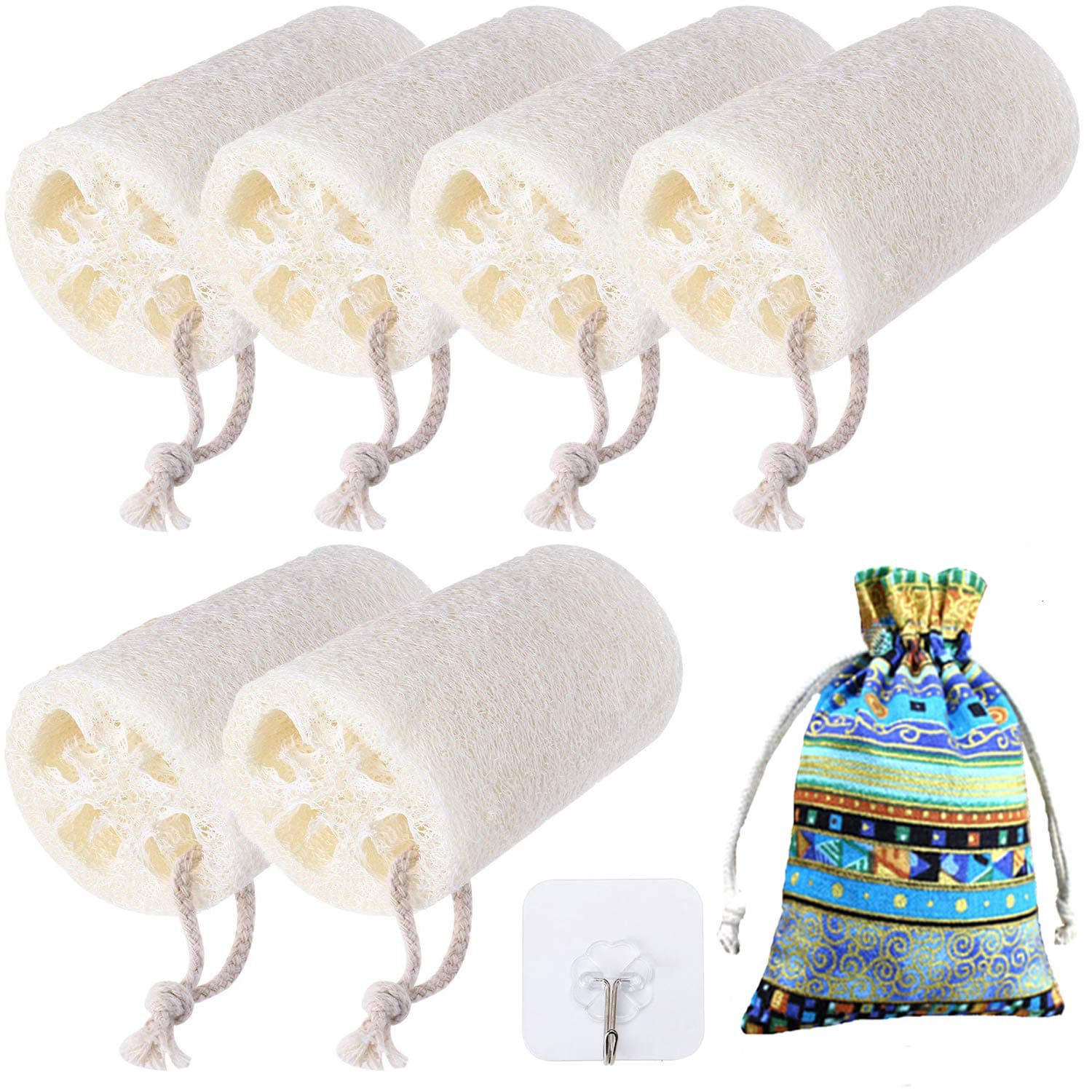 Munzong 6 Pack 4 Inch Loofah Sponge, 100% Natural 6 Pack of 4 inch Loofahs, Luffa Body Scrub Sponge with Travel Bag, Natural Loofah Exfoliating Bath Sponge, Remove Dead Skin