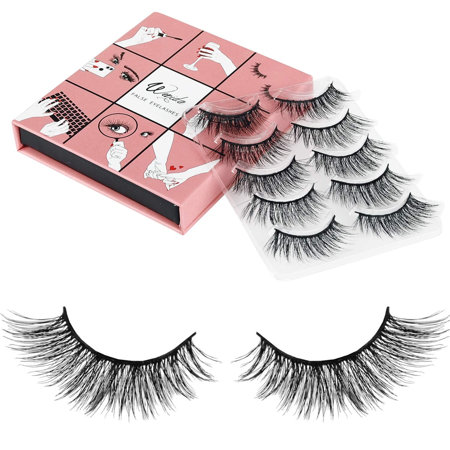 3D Fake Eyelashes Wenida 5 Pairs 100% Handmade Reusable Black Long Cross False Eyelashes