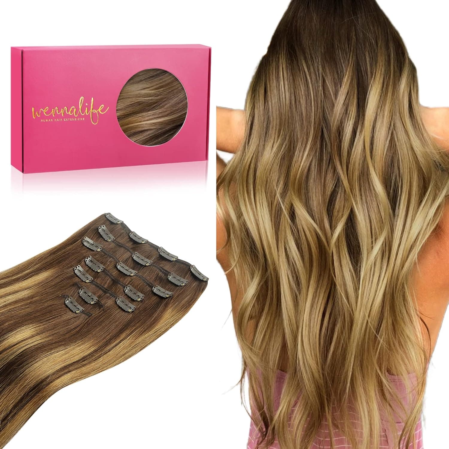 WENNALIFE Clip in Hair Extensions, 24 Inch 120g 7pcs Balayage Chocolate Brown to Caramel Blonde Hair Extensions Clip in Human Hair Remy Clip in Hair Extensions Real Human Hair Double Weft