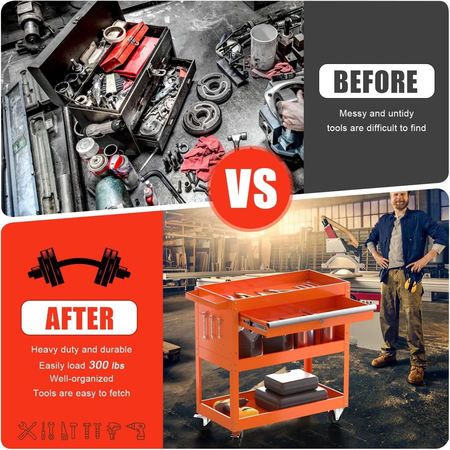 Yenntrss 3-Tray Tool Cart with Lock Drawers and Wheels, 330 LBS Capacity Rolling Utility Tool Storage Cart, 3 Tier Tool Service Trolley for Garage, Warehouse and Repair Shop (Orange)
