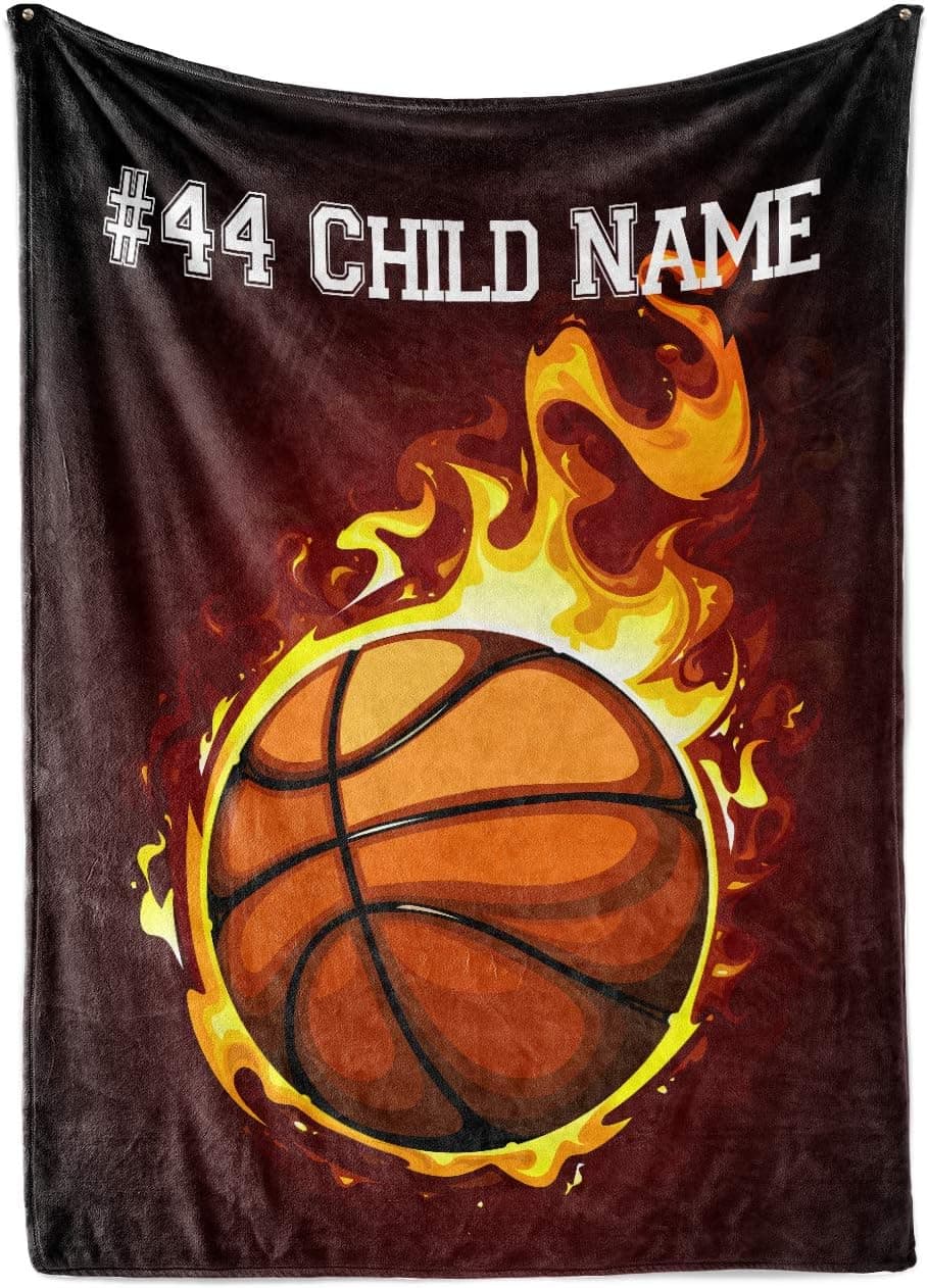 Personalized Custom Basketball on Fire Fleece and Sherpa Throw Blanket for Kids Youth Basket Ball Indoor Outdoor Blankets Boys Girls Toddler Mini Hoop Fans Toys Apparel
