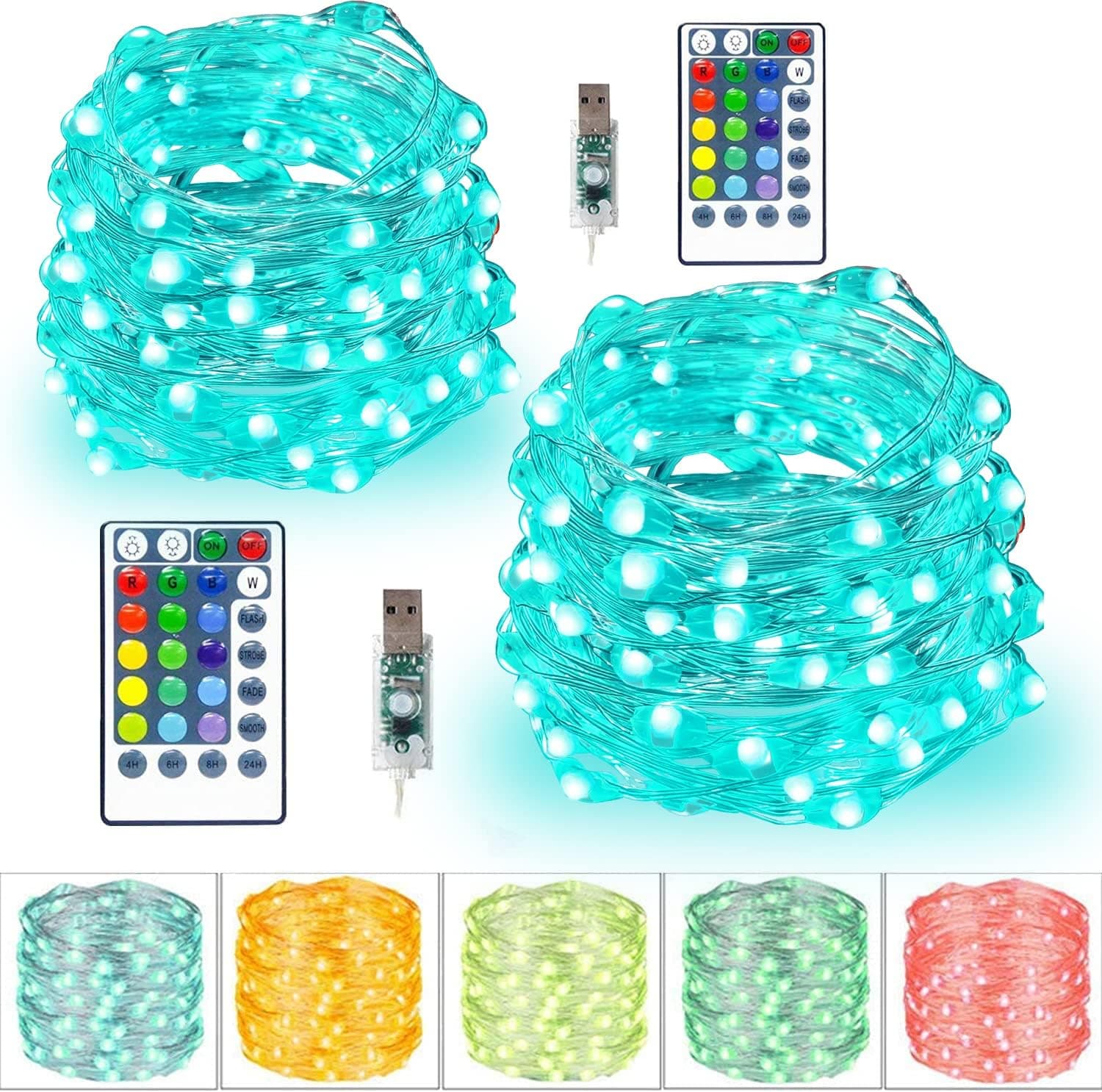 LiyuanQ Christmas Fairy String Lights, 100LED 2 Set 16 Colors Changing Fairy Christmas Tree Lights, 4 Modes USB Plug-in Twinkle Xmas Lights Remote & Timer Silver Wire Lights for Halloween Christmas