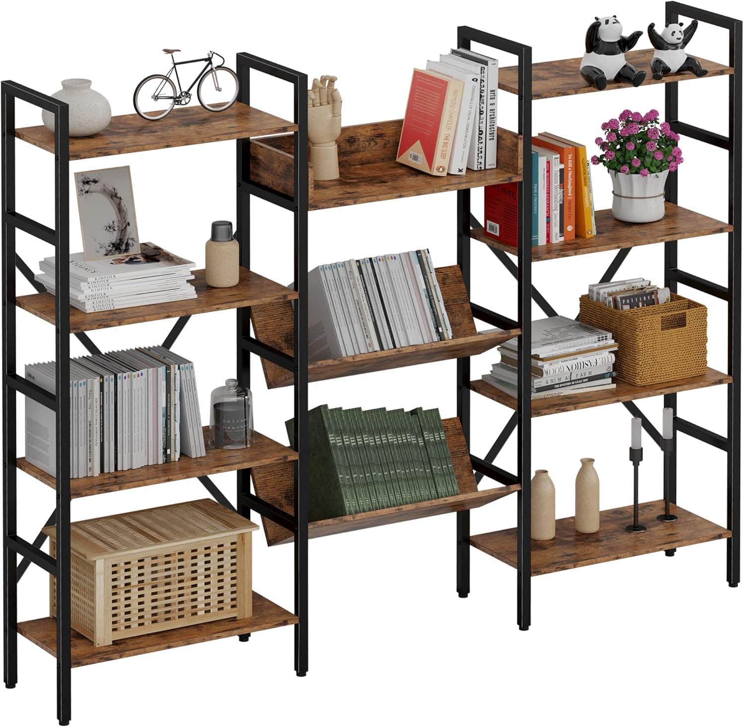 IRONCK Bookcases and Bookshelves 4 Tiers Industrial Triple Wide Bookshelf, Large Record Player Shelves with Metal Frame for Living Room Bedroom Home Office
