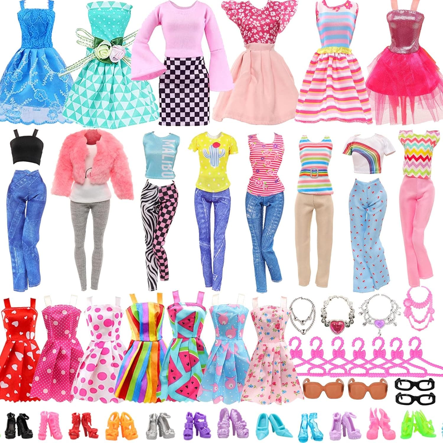 Joyfun 11.5 Inch Girl Dolls Clothes and Accessories 48 PCS Including 5 Tops 5 Pants Outfits 5 Clothes Sets 10 Mini Dresses 10 Shoes and 18 Accessories