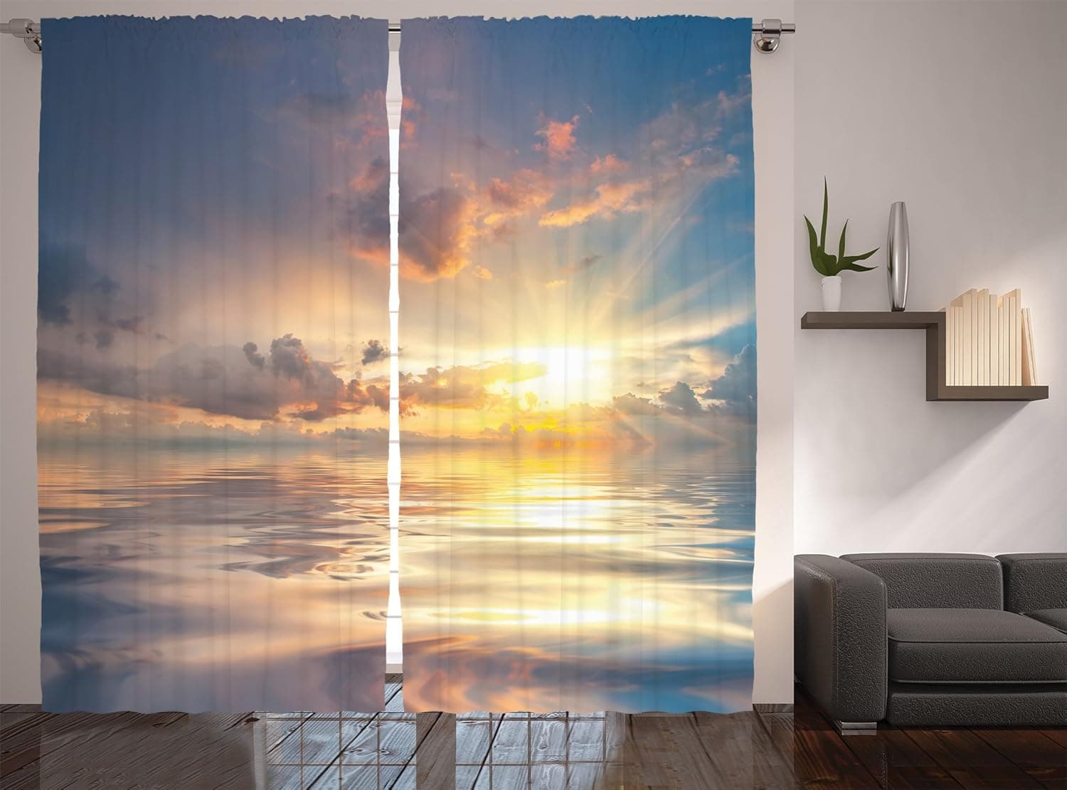 Ambesonne Ocean Curtains, Mystic Pastel Sunset Over Seas Reflection in The Water Majestic Clouds in Sky Scenic Romantic Print, Living Room Bedroom Window Drapes 2 Panel Set, 108" X 84", Yellow Peach