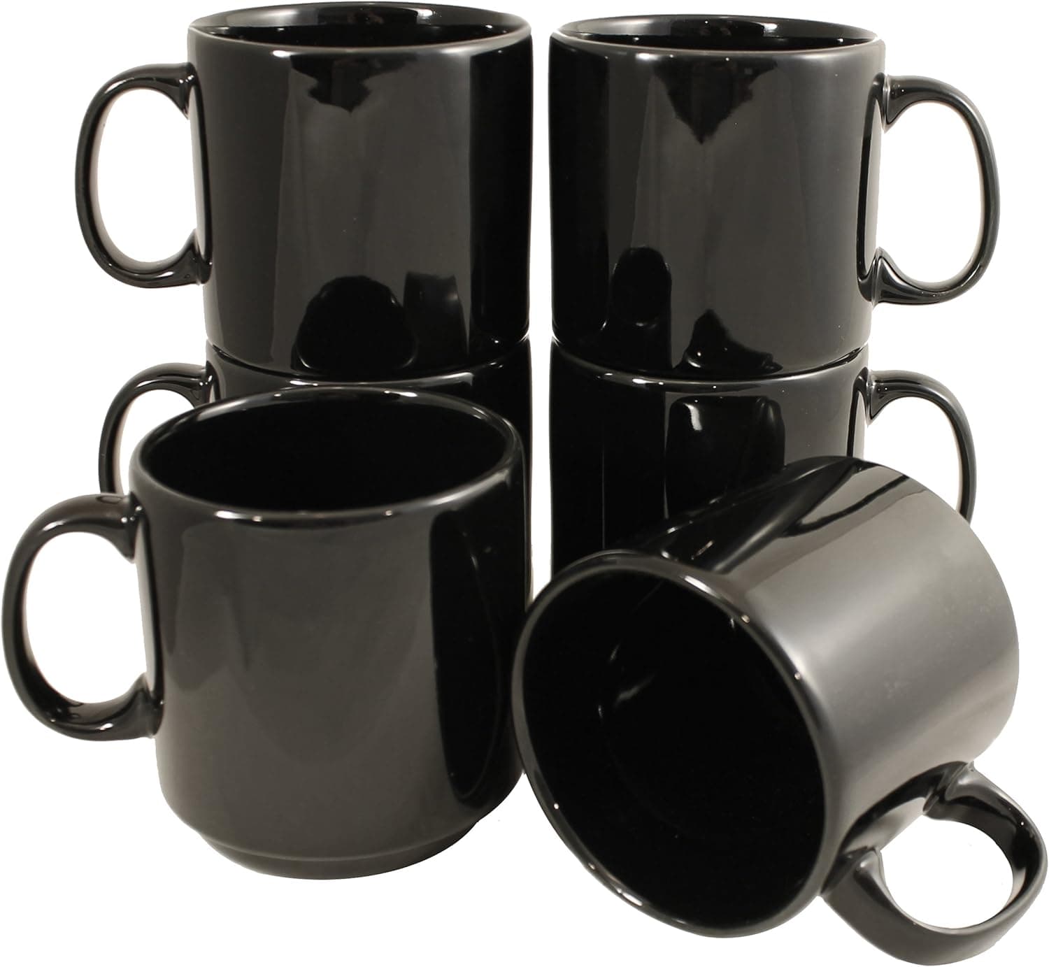 Stackable Ceramic Diner Coffee and Tea Mugs with Pan Scraper, 10 Ounce (6-Pack, Black)