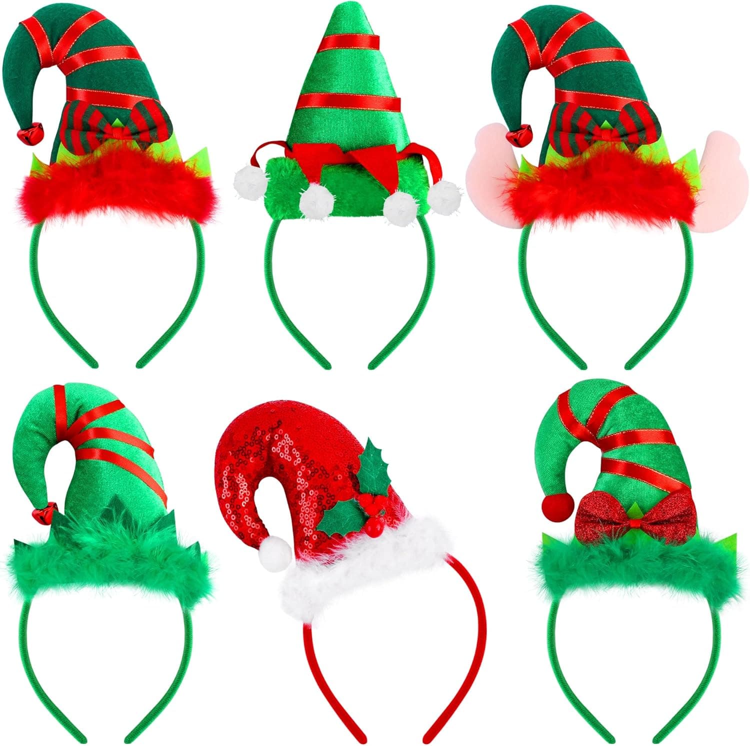 Hiwooii 6 Pack Christmas Headbands Assorted Elves Headband Cute Elf Hair Hoop Costume Headbands for Christmas Holiday Party Favors Photos Booth