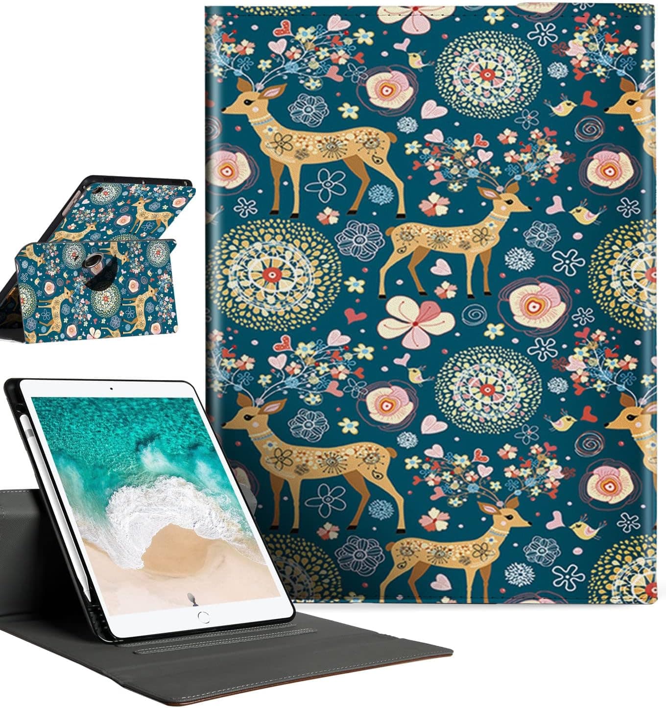 KUAELEN Cute iPad 10.2 Inch 9th/8th/7th Gen(2021/2020/2019 Release) Case with Pencil Holder for Women Girls Kids,360 Degree Rotating,Soft TPU,Auto Wake/Sleep,Deer