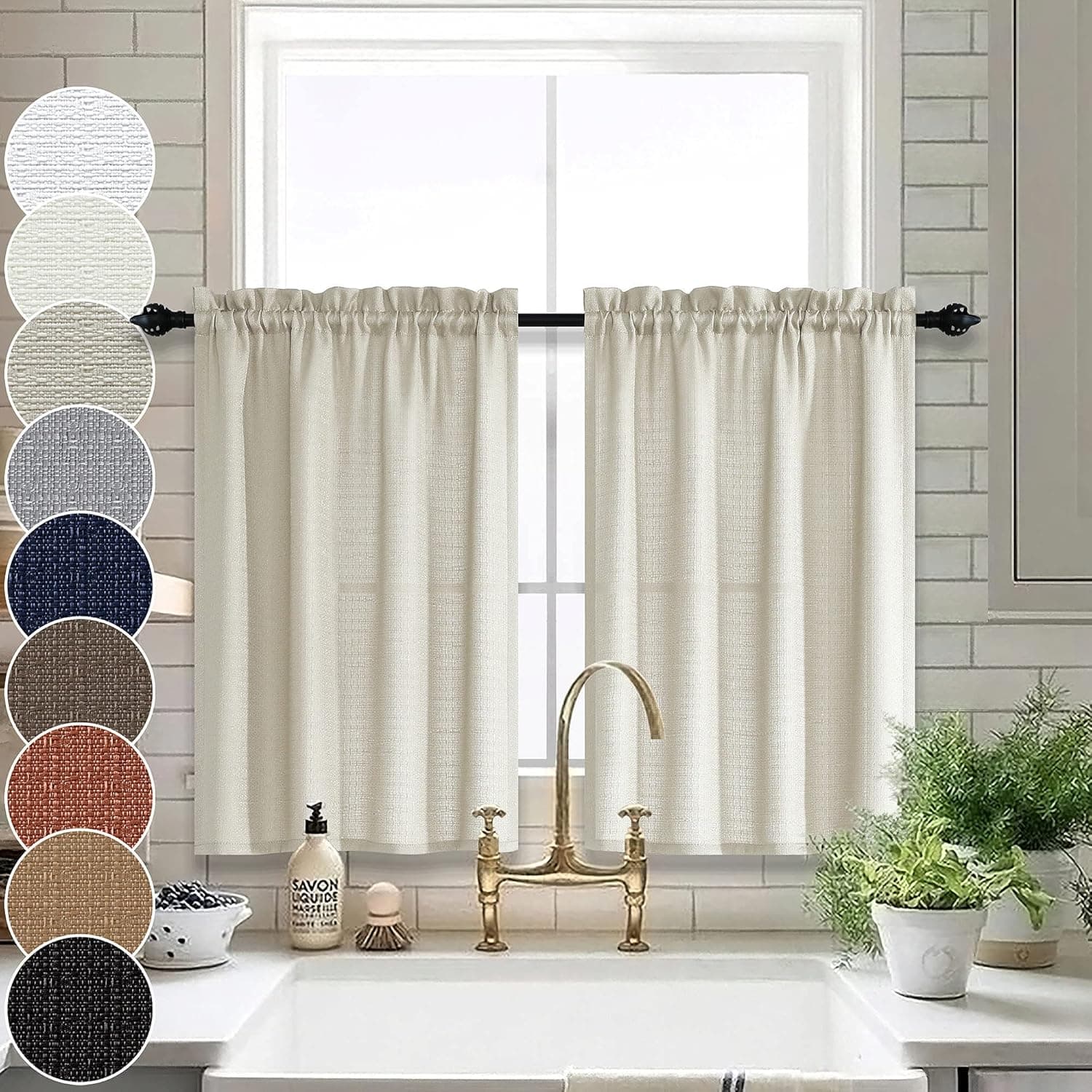 KOUFALL Beige Tier Curtains 24 Inches Long for Kitchen Faux Linen Woven Textured Short Semi Sheer Cafe Curtains for Small Windows 32 x 24 Length