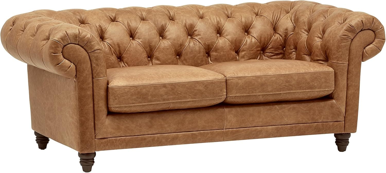 Amazon Brand – Stone & Beam Bradbury Chesterfield Modern Tufted Leather Loveseat Sofa Couch, 78.7"W, Cognac