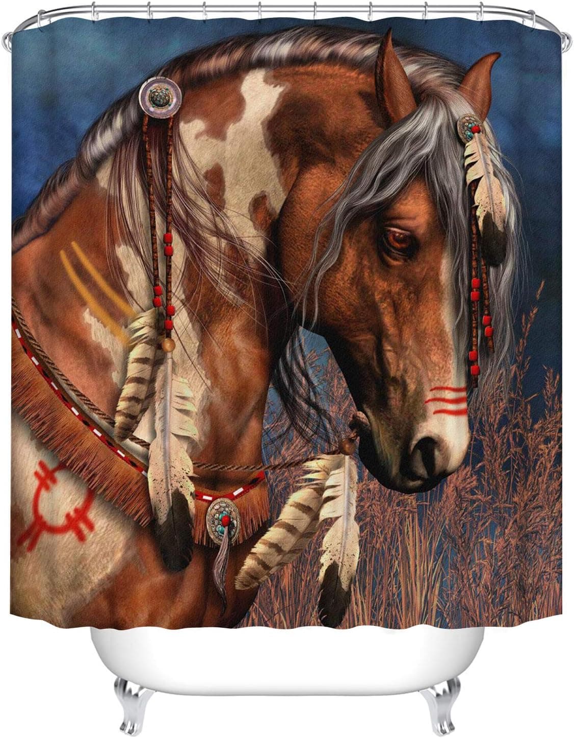 Fangkun Animals Shower Curtain Decor Set - African Horse on Prairie Art Realistic Painting Design - Polyester Fabric Bath Curtains - 12pcs Shower Hooks - 72 x 72 inches