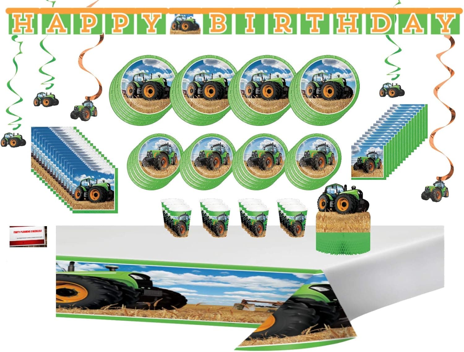 Tractor Time Farmer Premium Deluxe Birthday Party Supplies Decorations Ultimate Jumbo Bundle Pack for 16 Guests (Plus Party Planning Checklist by Mikes Super Store),Green